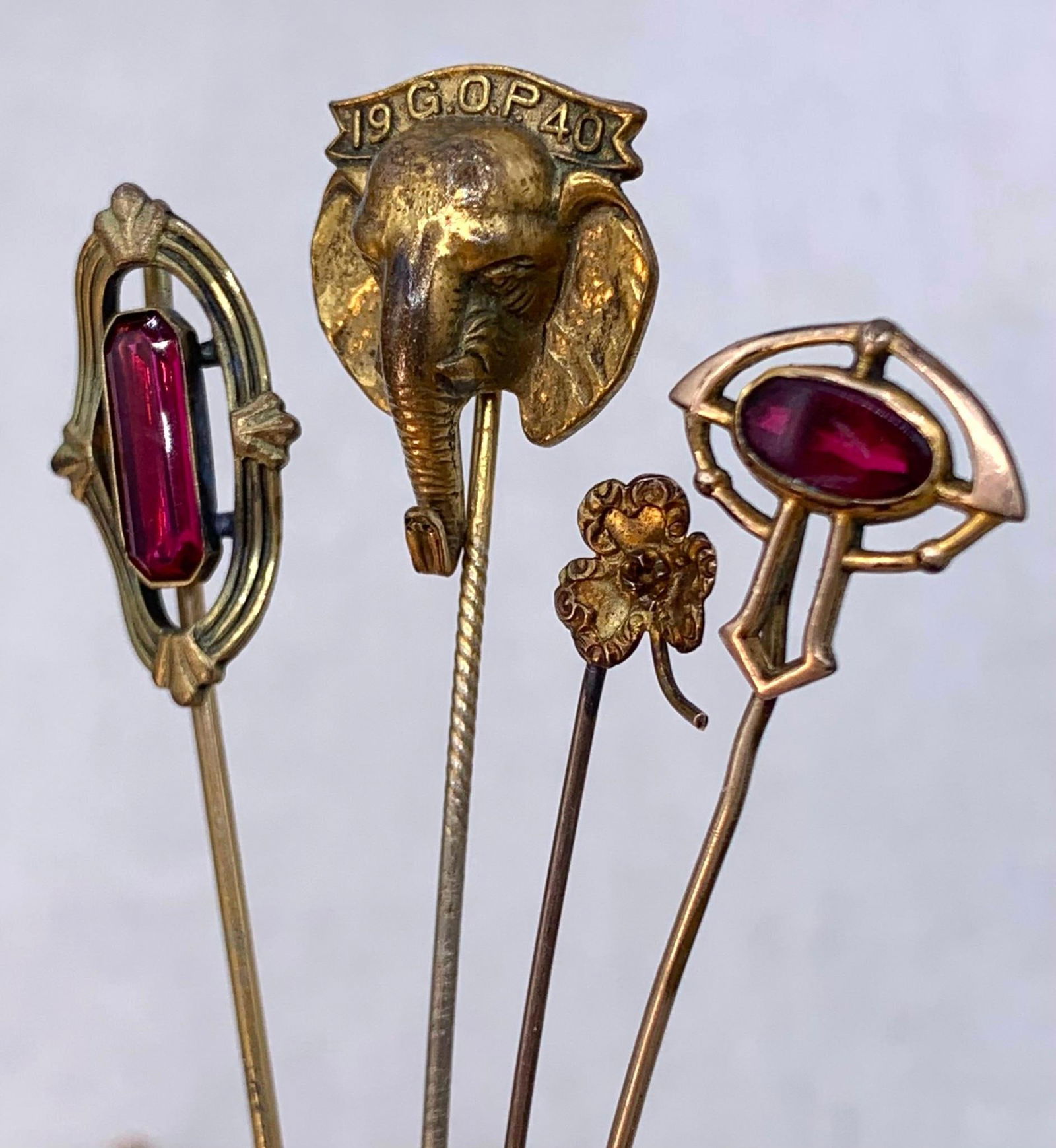 12 Antique to Vintage Sterling, 1940 Elephant GOP, Edwardian, Clover, Cameo, Etched Glass Stick Pins: Fab assortment, including a cats eye cab set in Sterling, etched and faceted icy pink glass, faux Ruby antique pins, 1940 GOP elephant, vintage Cameo, jeweled and seed pearl trimmed (two absent seed p