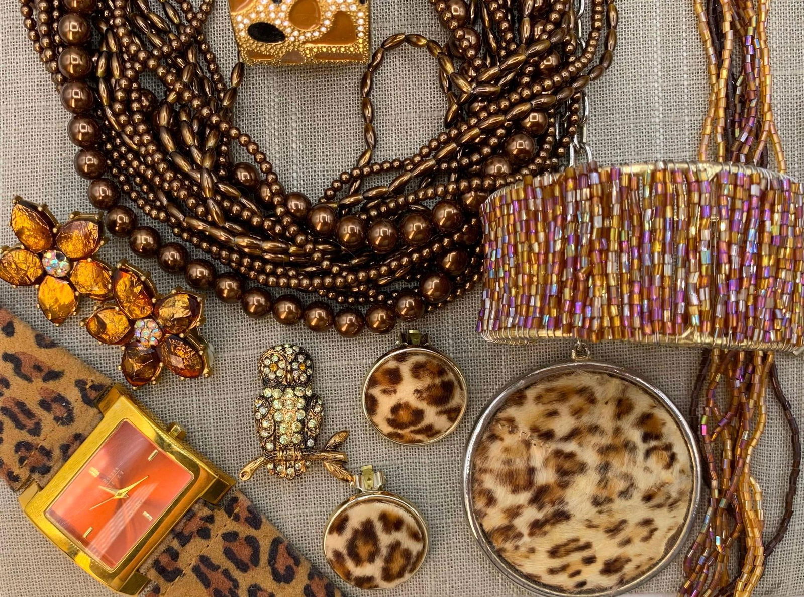 36 pc Vintage Big Cat Fur, Faux Amber, Owl, Carnelian, Mid Century to 90s Costume Jewelry Collection: Lovely variety of adornments, including polished Carnelian, vintage Owl brooches, Mid Century Big Cat spotted Fur Pendant and clip earring set, carnival glass, faux amber, oversize Mid Century pendant