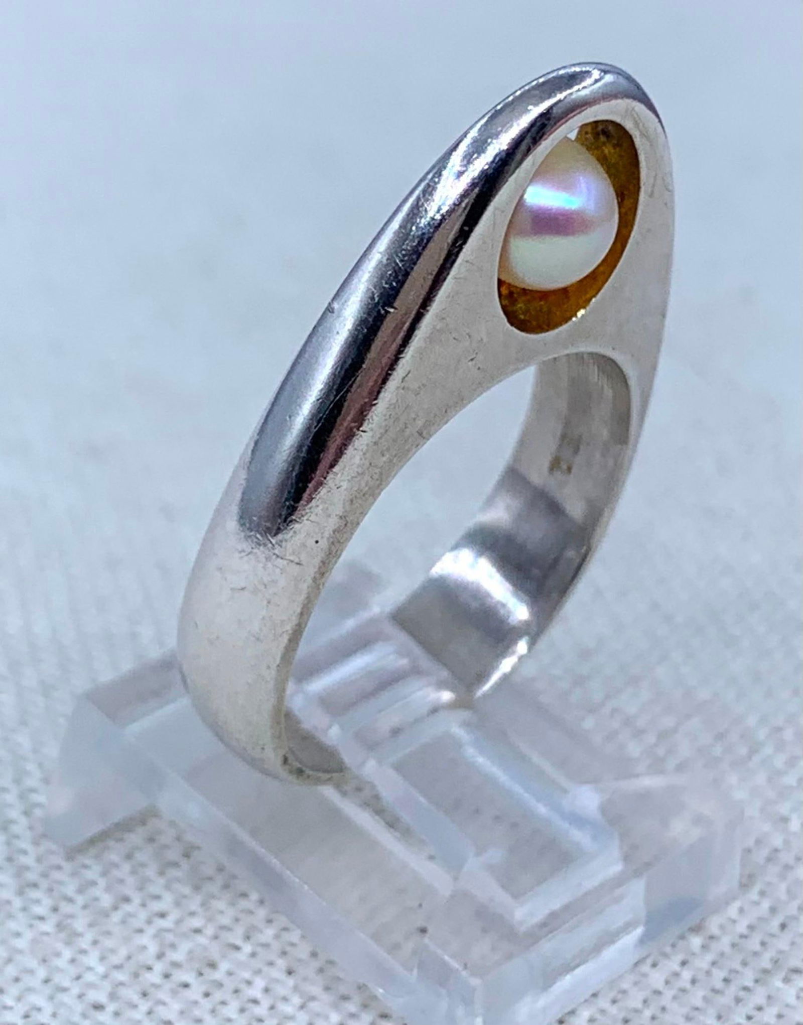 Unique Modernist Sterling Silver Champagne Button Pearl Ring (1 of 11)