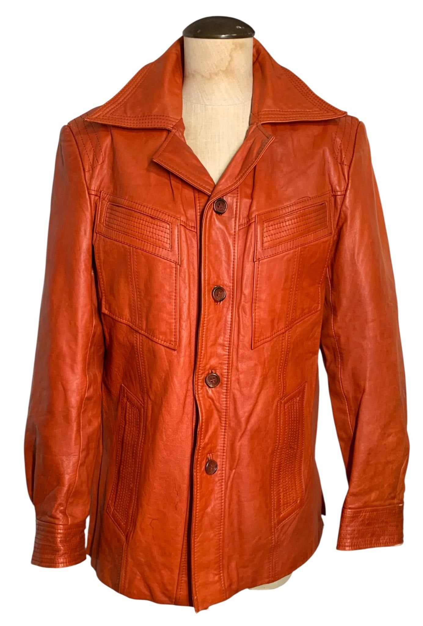1970s Men's Spiced Cinnamon Large Pointed Collar Disco Blazer, Vintage Leather Coat (1 of 13)