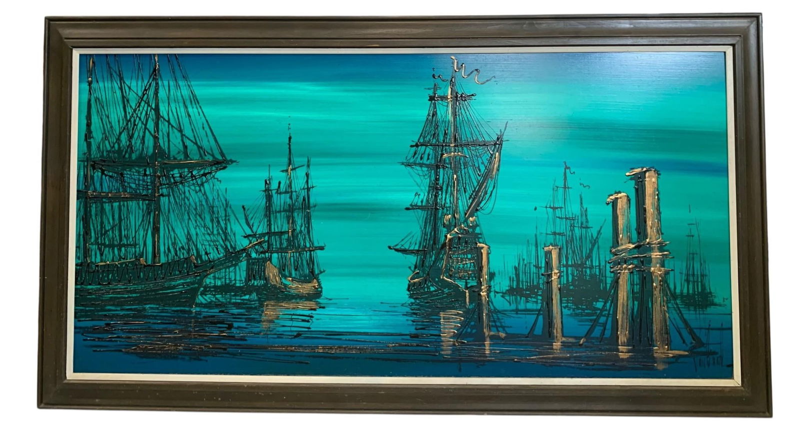 Large Mid Century Van Gaard/Vanguard Original Couch Size GALLEONS AT SEA Drip Oil Ship Painting (1 of 10)