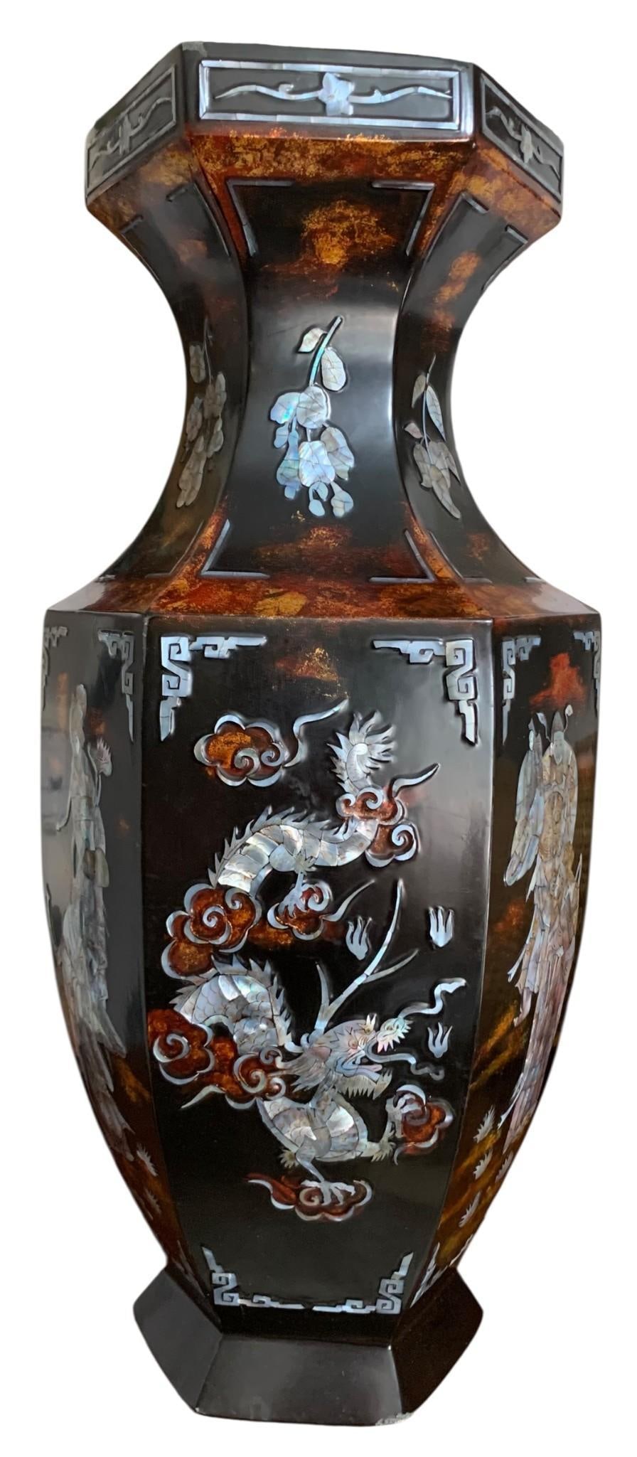 Huge 22 inch Inlaid Mother of Pearl Dragon, Geisha, Bird Vintage Oriental Lacquerware Vase: Astounding craftsmanship, LARGE 22 1/2" height x 10", light wear to the lacquer, superb inlaid designs.
