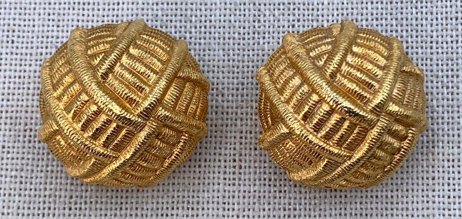Pair Vintage Givenchy Woven Gold Gilt Dome Statement Clip-On Designer Earrings: Givenchy mark on each, working clip, lovely golden hue, 7/8" x 3/4".