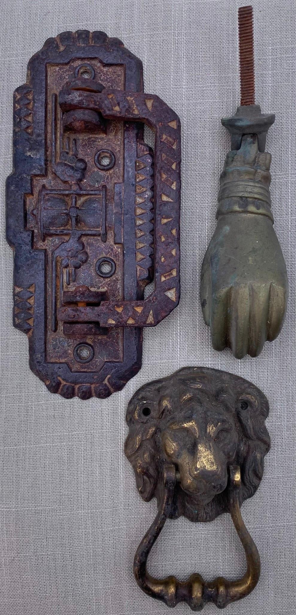 3 pc Antique Lion Hand Door Knockers Ornate Art Deco Drawer Pull Architectural Lot: * Antique brass hand door knocker, 5; length plus 2 1/2; bolt* Made in England gilded Lion door knocker, 5; length x 3 1/4;* 8; x 4; ornate Art Deco?drawer pull