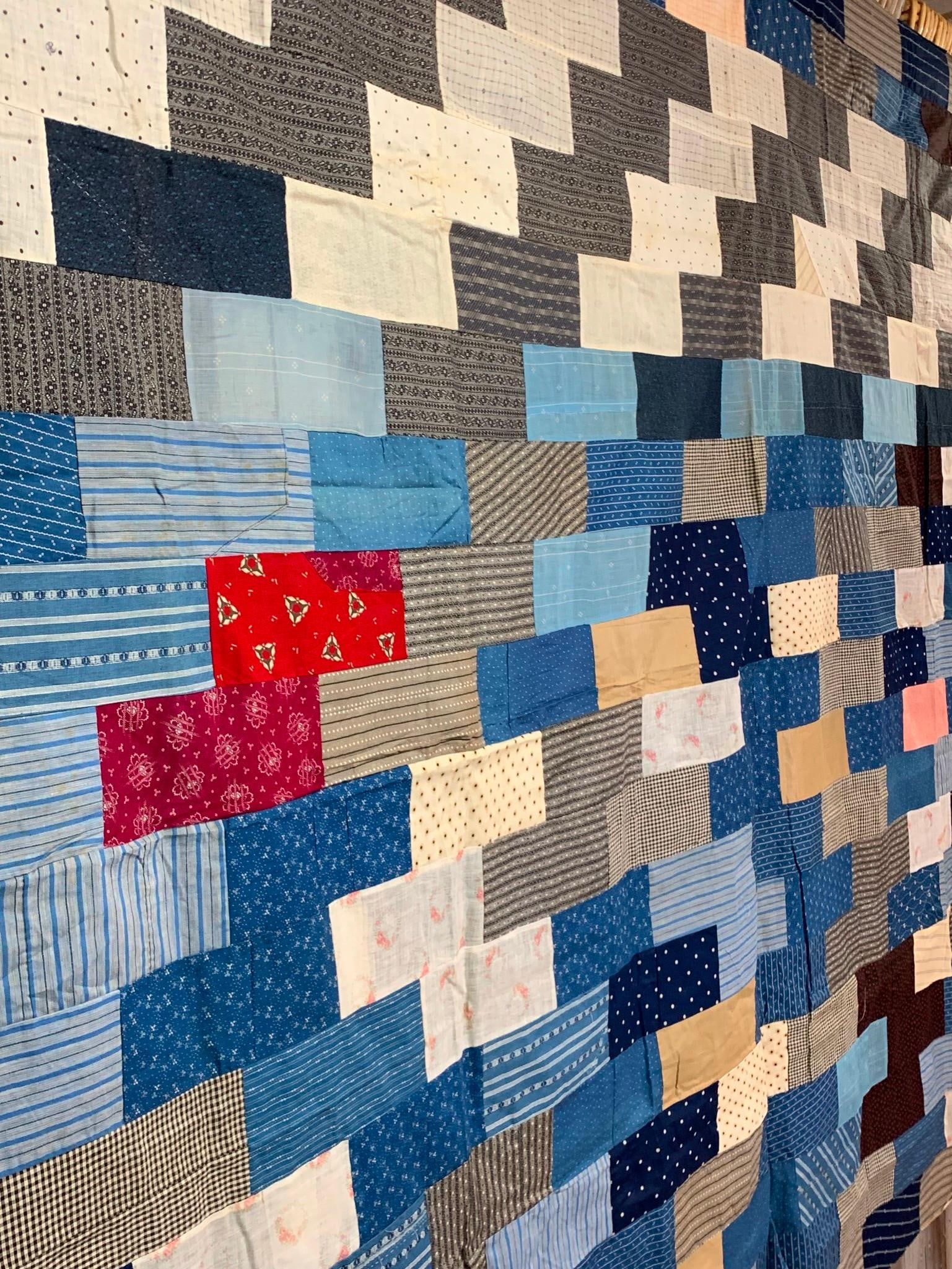 Antique Chambray Brick Shaped Patchwork Quilt Block Bed Coverlet Quilt Top (1 of 13)