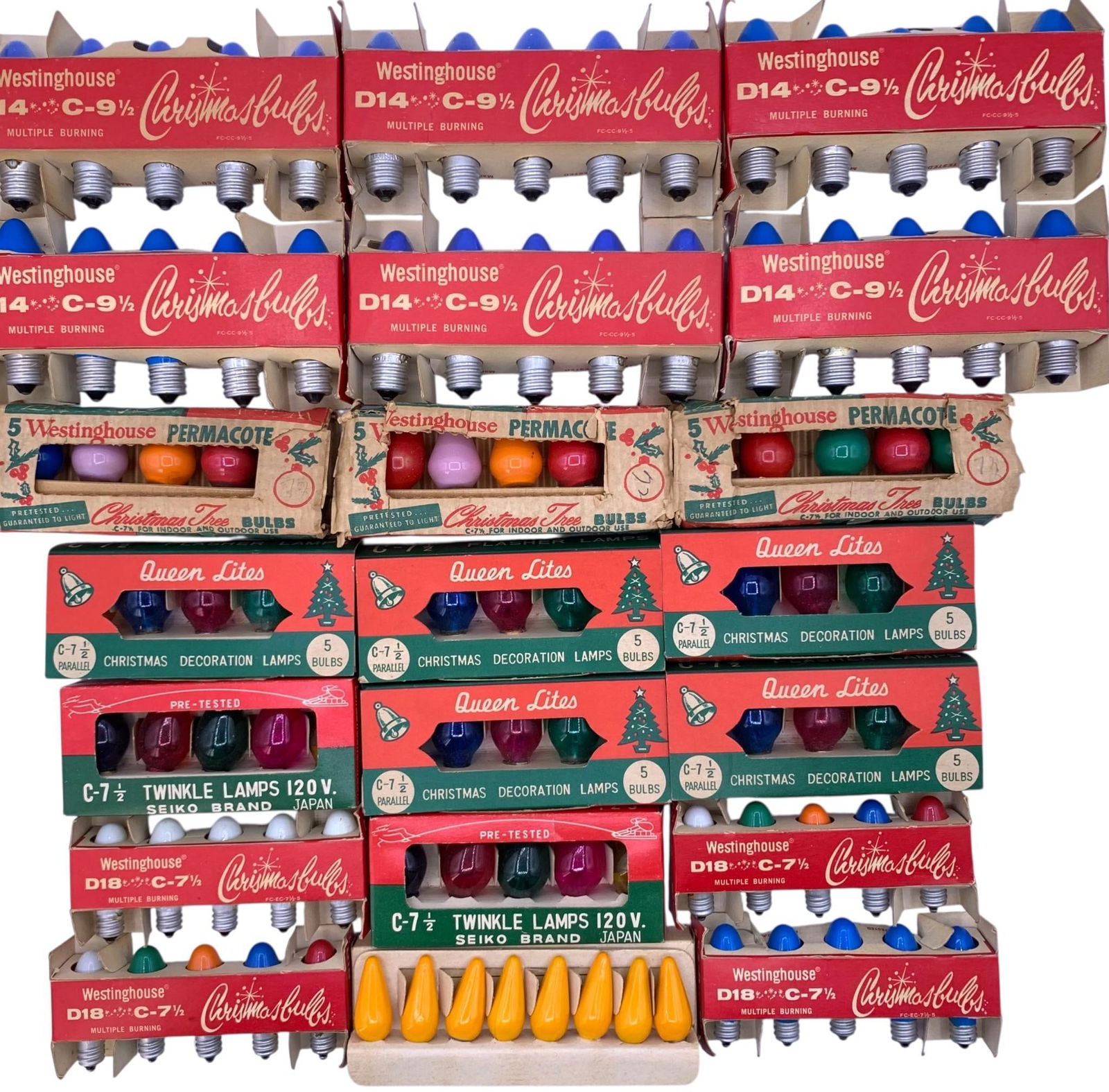 47 Packages NOS Mid Century Christmas Tree Holiday Decorating Light Strand Bulbs: The M O'Neil Co price tags on many, rainbow hued glass bulbs in assorted sizes all in early Mid Century packaging.