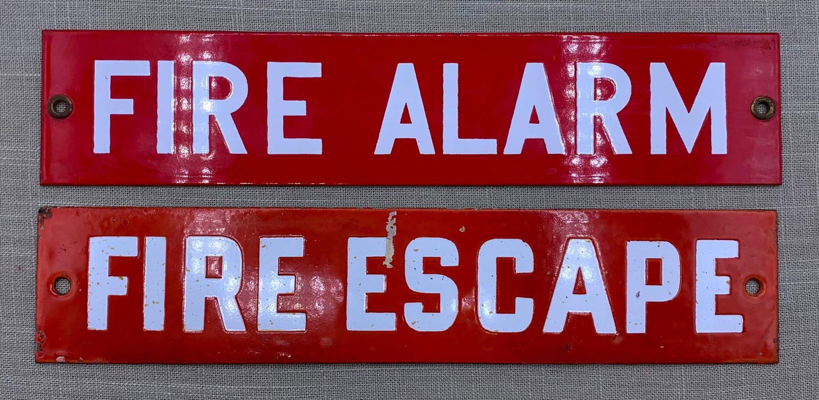 Pair Red White Porcelain Vintage FIRE ALARM FIRE ESCAPE School Signs (1 of 4)