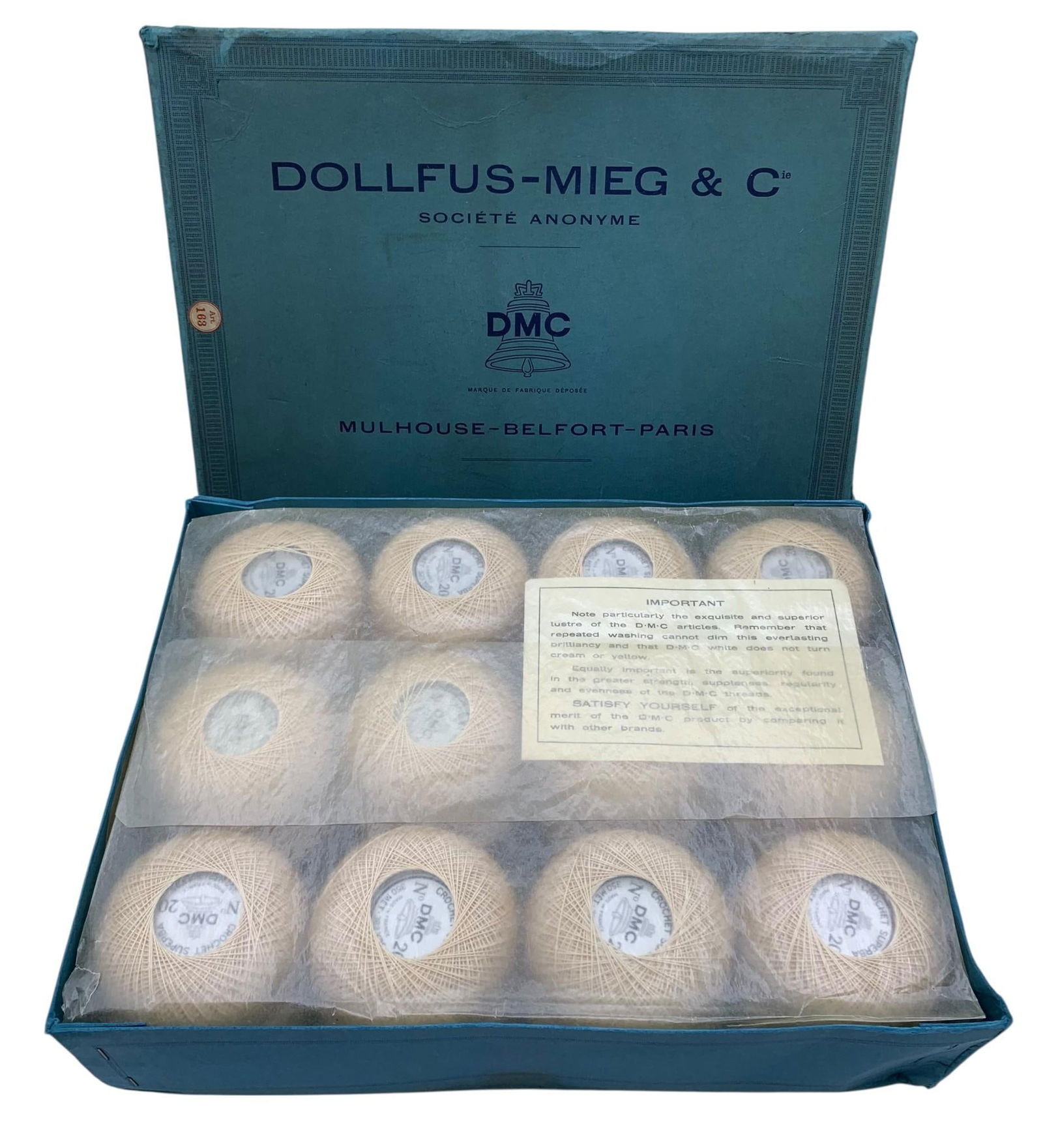 12 pc Vintage NOS Dollfus-Meig Cie French 383 Yard Embroidery Thread Spools in the Box: Super fine 12 pc 383 yard embroidery spools in the original box, shelf wear to the paperboard box.