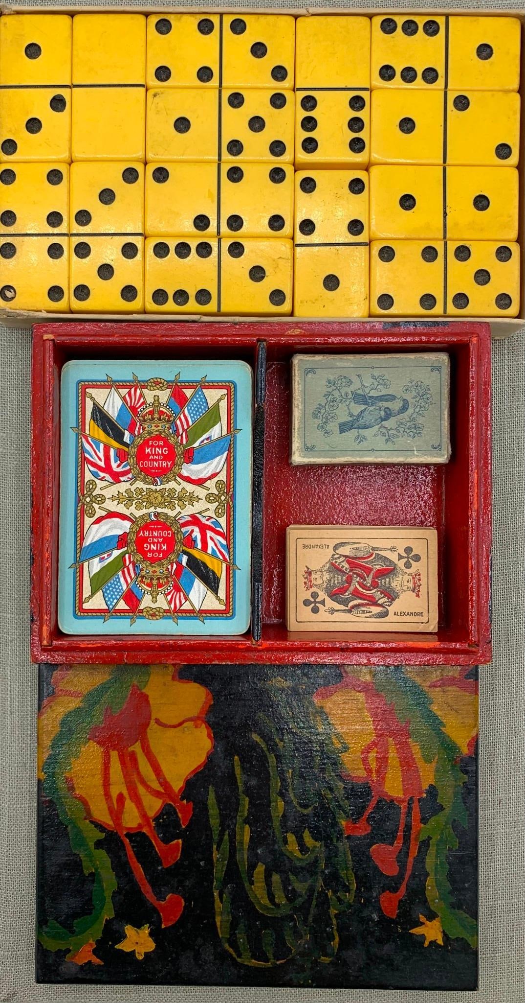 Antique to Vintage Mini Playing Cards, For King Country Cards, Arts Crafts Box, Catalin Dominoes: * Arts amp; Crafts painted wood playing card box, 5 3/4; x 4 1/4;* Two pairs of miniature playing cards 2; x 1 3/8;, one with the box* Early For King amp; Country deck of cards with portion of card ca