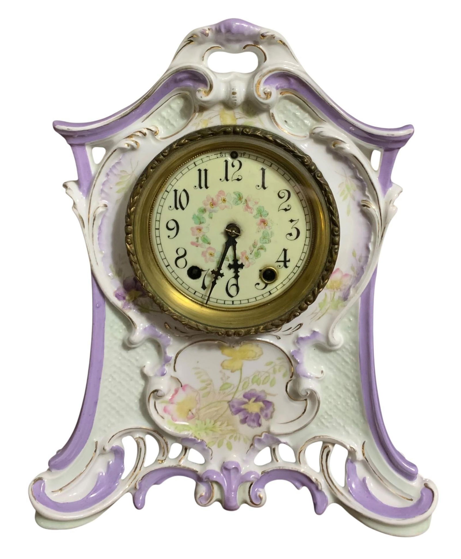 Antique Porcelain Hand Painted Violets Key Wind Beveled Glass Mantel Clock (1 of 11)