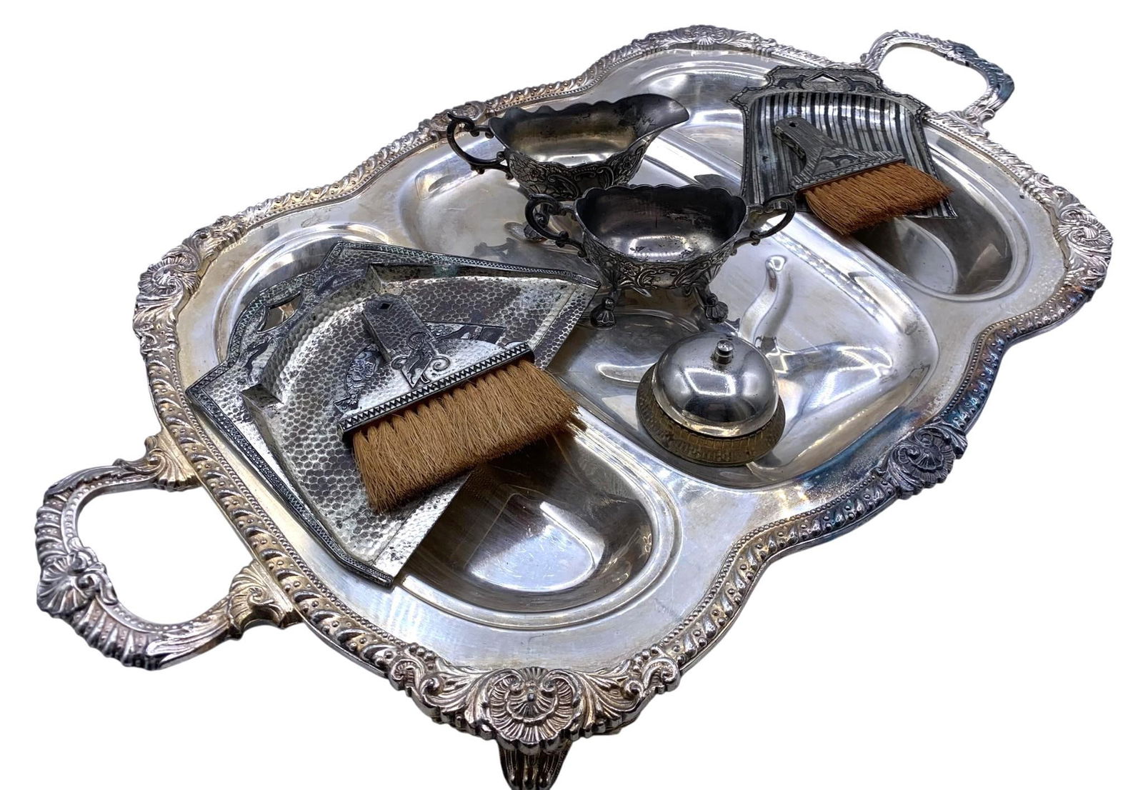 Vintage Silver-Plate Serving Tray, Art Deco Crumb Catchers, Cream, Sugar Service Bell (1 of 19)