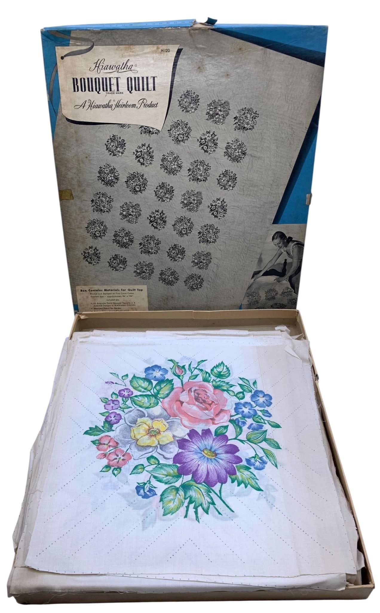 Unassembled Vintage 1946 Hiawatha Heirloom Bouquet Quilt Top Kit with the Box: 35 floral squares (Some have been cut along the lines with others remaining attached in panels), instructions are present along with the original box and stamped fabric for the border.nbsp;