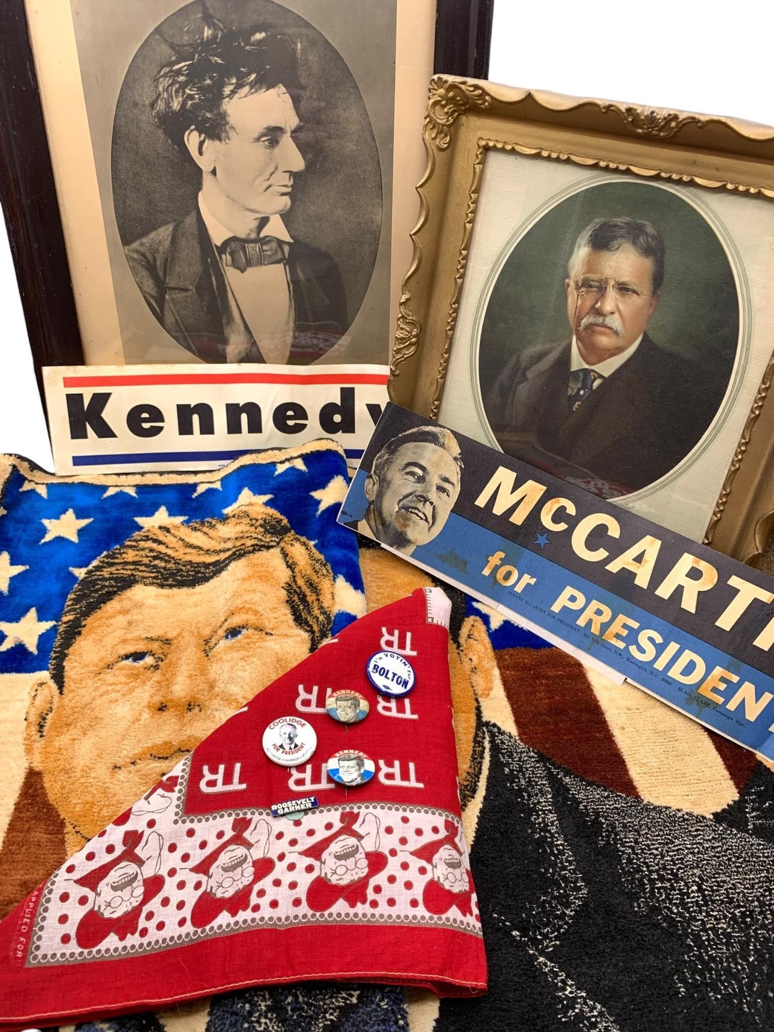 11 pc Antique to Vintage US Presidential Collection: Mid Century bumper stickers and vintage political pinbacks, framed Teddy Roosevelt litho and printed hanky, Lebanon made 20" x 38"nbsp;Kennedy/Martin Luther memorial tapestry (some age to the cotton/r
