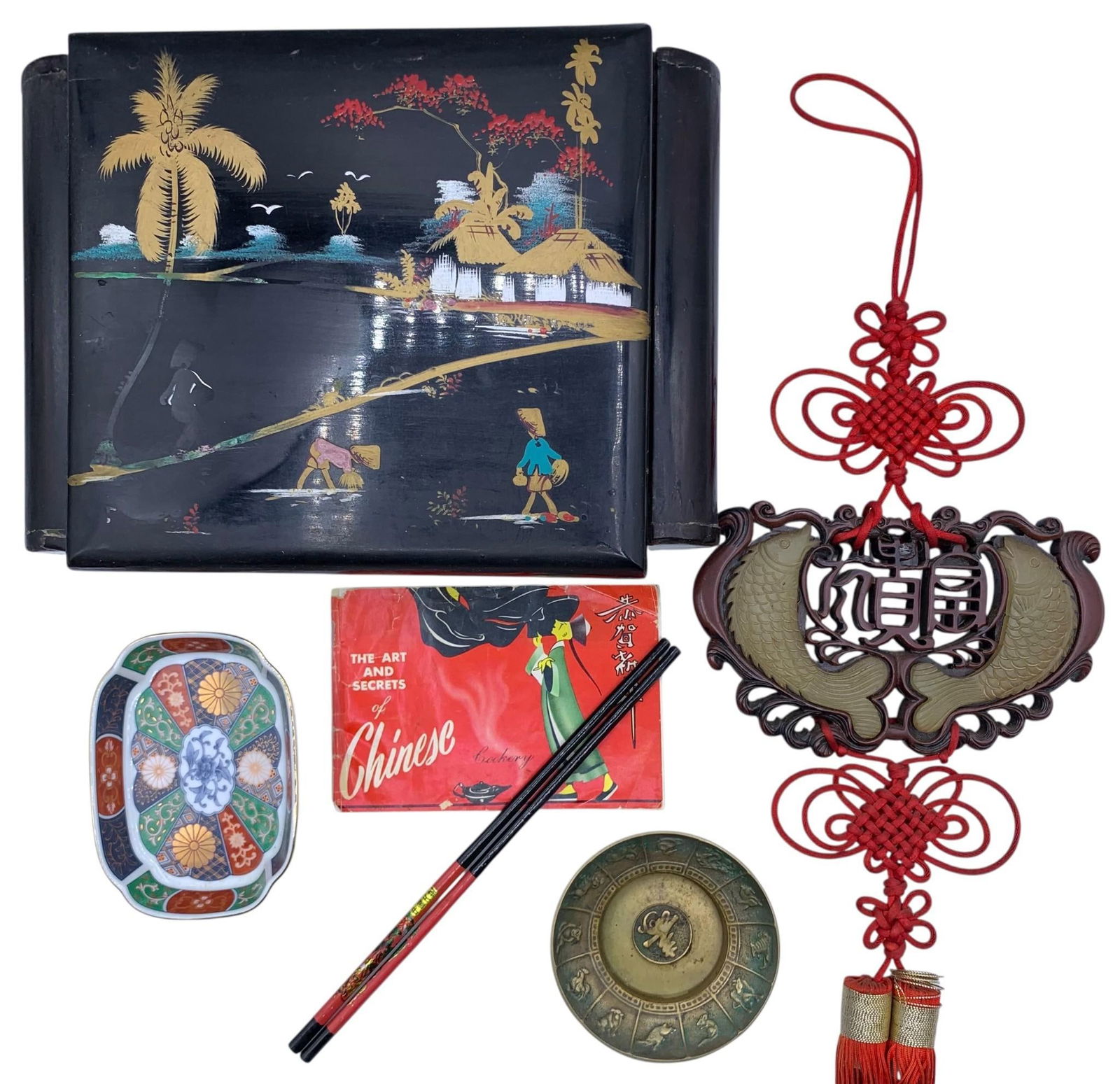 Mid Century Oriental Lacquerware Dresser Set, Carved Soapstone, Porcelain, Ephemera Collection: * Mid Century Chinese carved soapstone Koi knotted wall hanging, 7 1/2; x 36;* Mid Century Vietnamese?black lacquered?mirrored dresser case with hairbrush, lidded pots and comb - scattered age to the