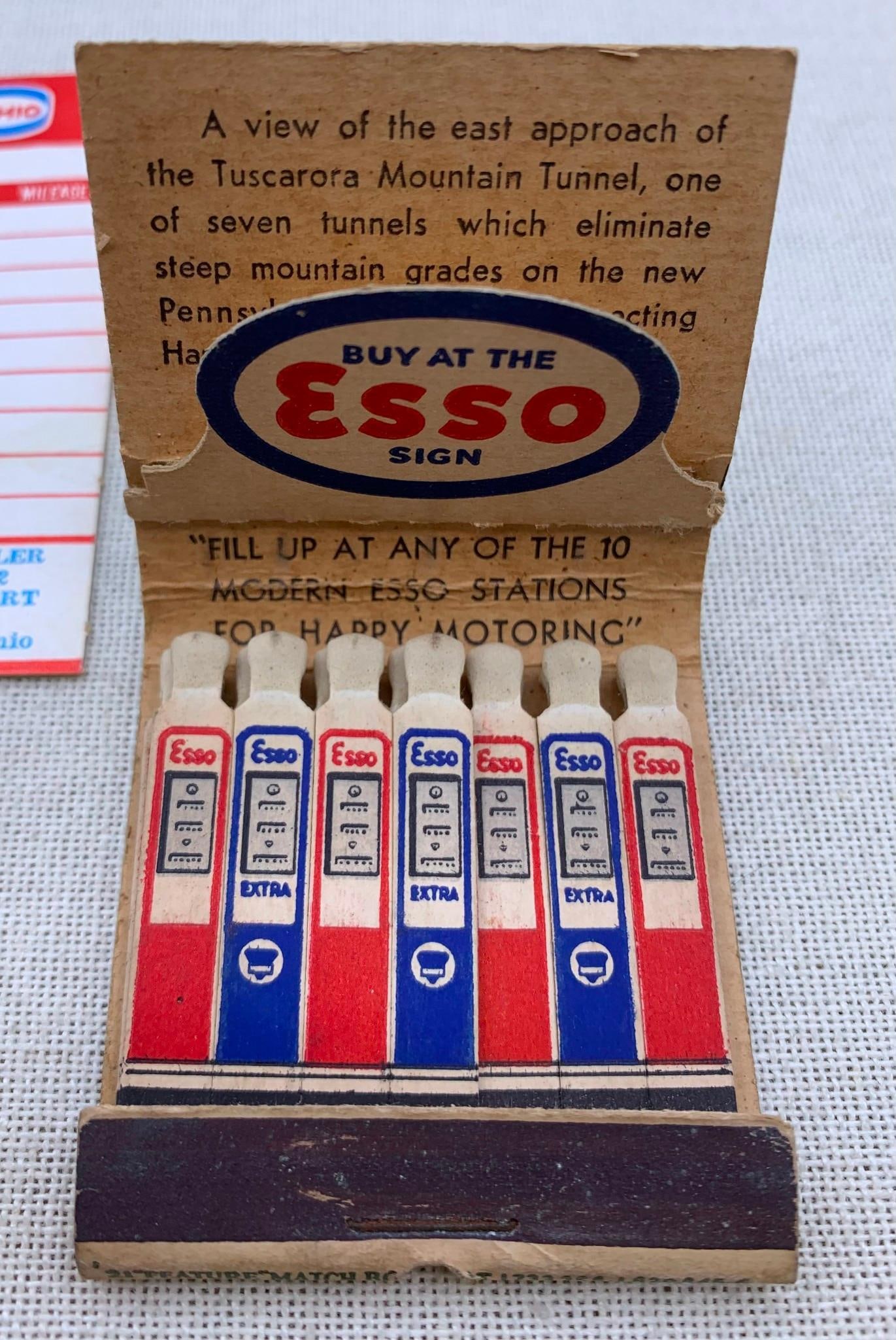 6 Vintage Mobiloil, ESSO, Kendall Motor Oil, Petroliana, Service Station Advertising Matchbooks: Fantastic vintage advertising matchbooks and Sohionbsp;service station reminder sticker, three (Viall Tire Service, Socony-Vacuum Oil Co and ESSO) with some of the matches.