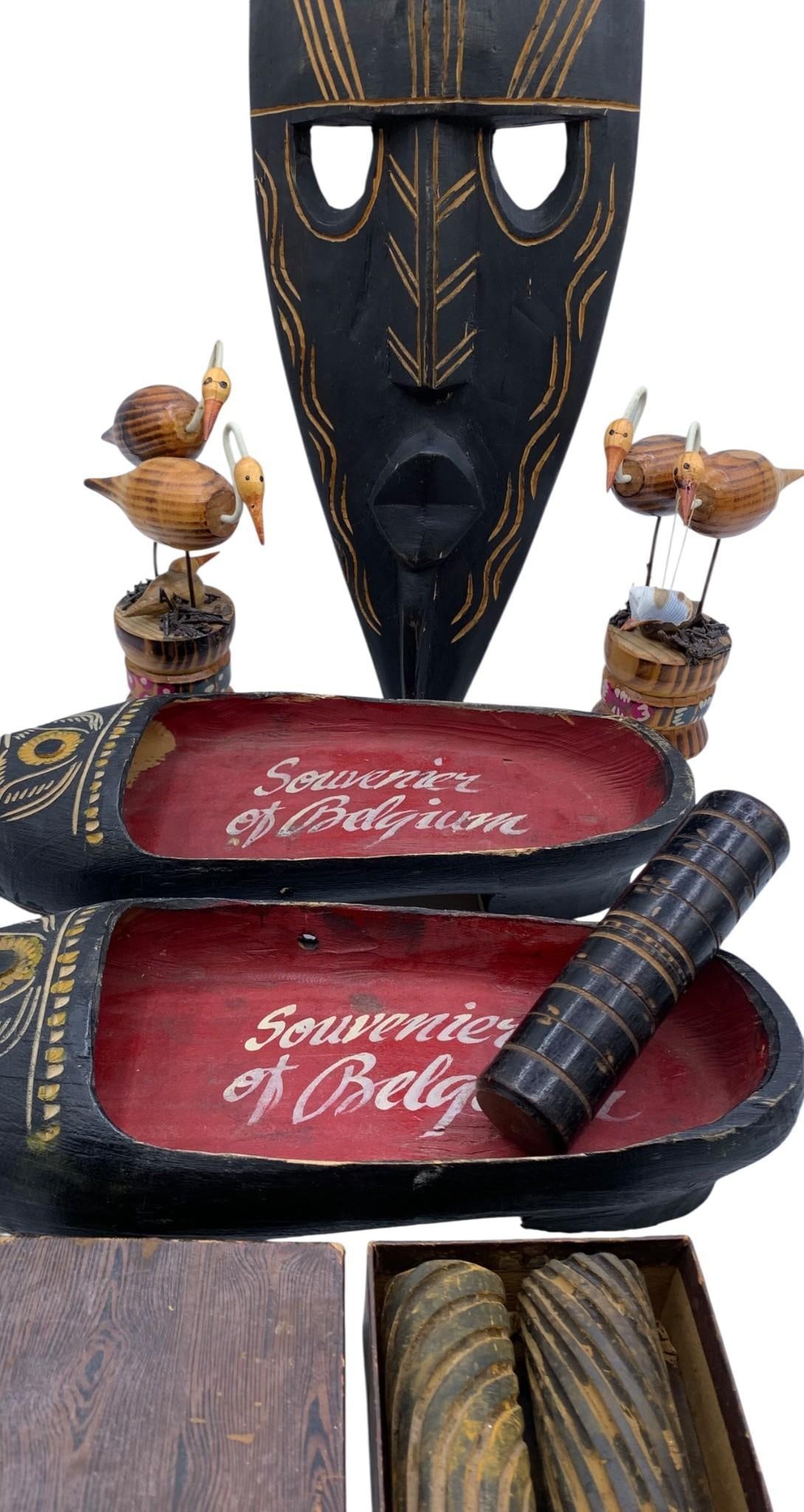 Antique Belgium Souvenir Carved Wooden Shoes, African Mask,Victorian Wood Grain Kit,Ukrainian Herons: Unique assortment of wooden treasures, including a pair of 11" antique wooden shoes from Belgium, a 20 1/2" vintage wooden African wall mask, a pair of Ukrainian herons/stork sculptures, a antique Vic
