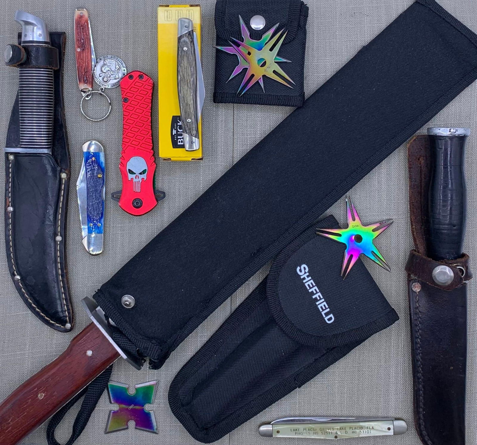 13 Western, Imperial, Case, BUCK, Schrade, Sheffield Fixed Blade, Folding Knives, Throwing Stars: Fantastic variety!*Super clean Buck pocket knife with the box, appearing Unused.* Case pocket knife with Ford emblem, Ford box* Sheffield hatchet with fold out blades in the handle* HUGE Quarry Stone