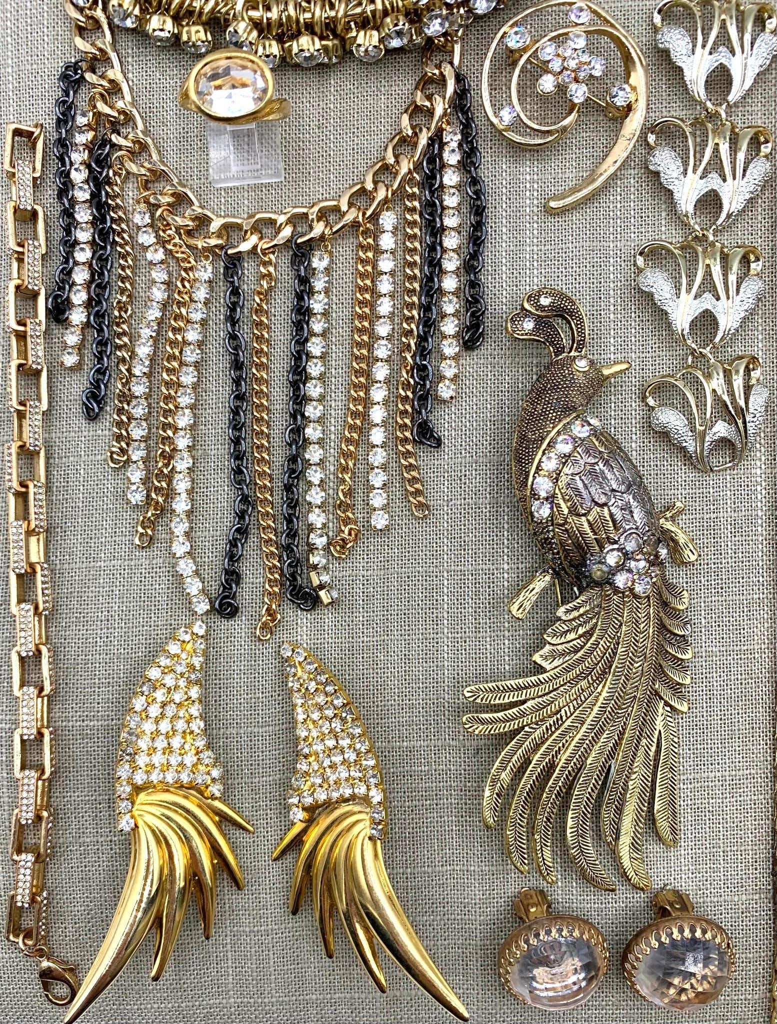 Dramatic 39 pc Sparkling Rhinestone Vintage Costume Jewelry Collection: Mid Century to 90s glamour... Huge 5" peacock brooch, 3 1/2" 80s rhinestone plume clip earrings, incredible glittering gem collar necklaces, sparkling bangles, oversize pins, rings and more!