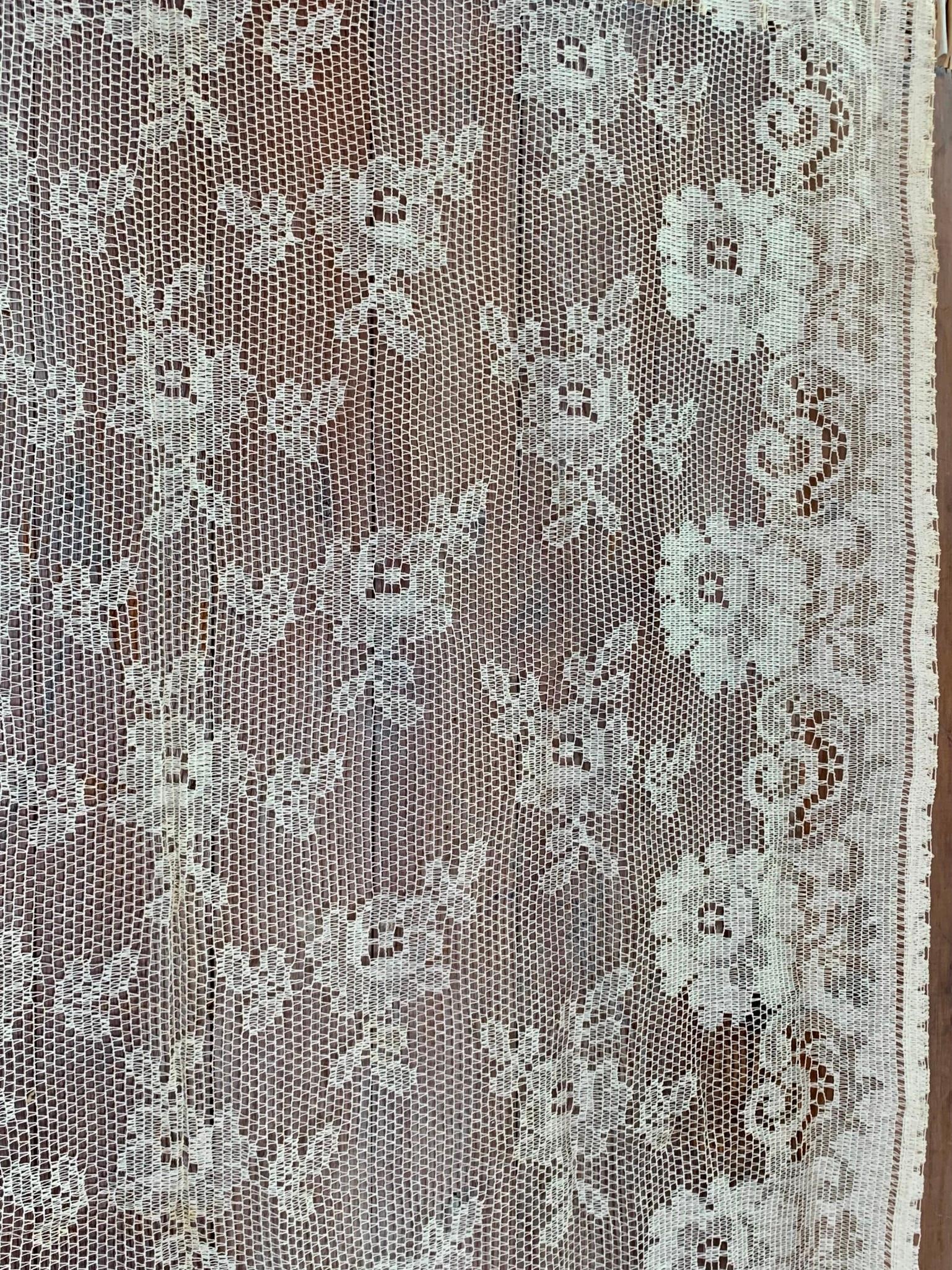 2 Sets of Vintage Rose Vine Open Weave Lace Long Length Window Sheer Panel Curtains: * 2 vintage Ecru rose lace panels, 76; x 34;, starched, minor storage darkening?* 2 vintage vine design - seamed in the middle - double panels, starched, each 74; x 50;, a quarter size separation on