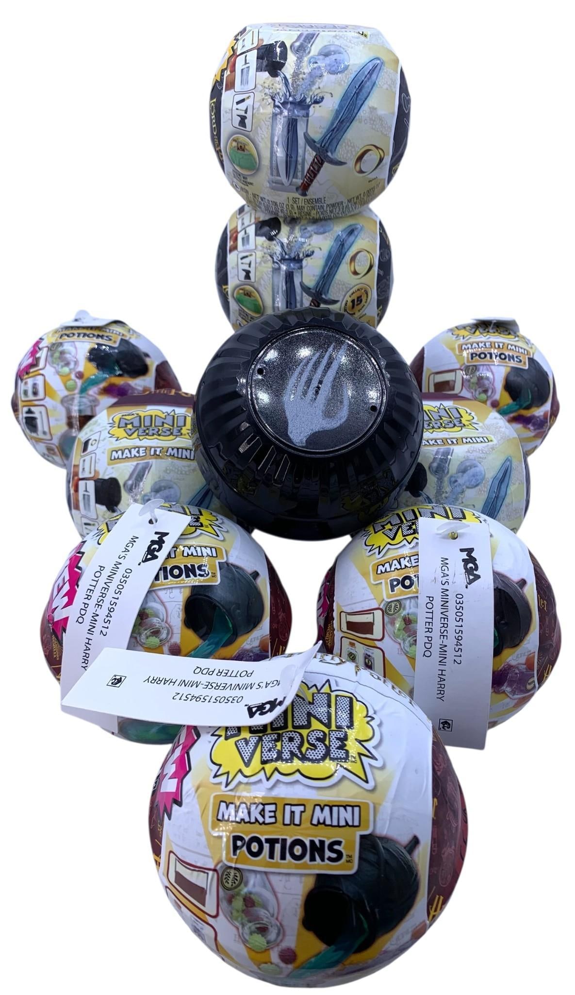 UNOPENED MGA's Harry Potter, Lord of the Rings, MINIVERSE Magical Spheres: 10 remain wrapped in the factory plastic, 1 has no plastic with the interior parts Unopened, accompanied by two metal Harry Potter (Snape, Ron) figures.