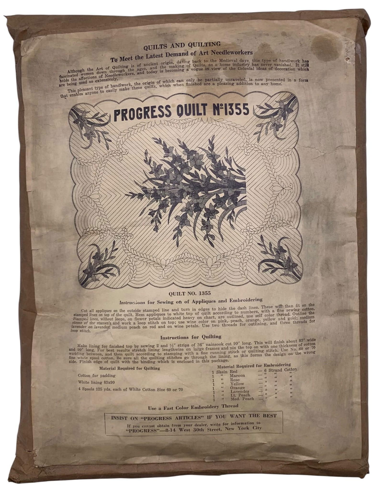 Mid Century NOS Progress Quilt No 1355 Gladiola Floral Applique Embroidery Quilt Kit: Unsewn and remaining in the original factory paper envelope, vibrant fabric pieces folded inside, ready for needlework and assembly.