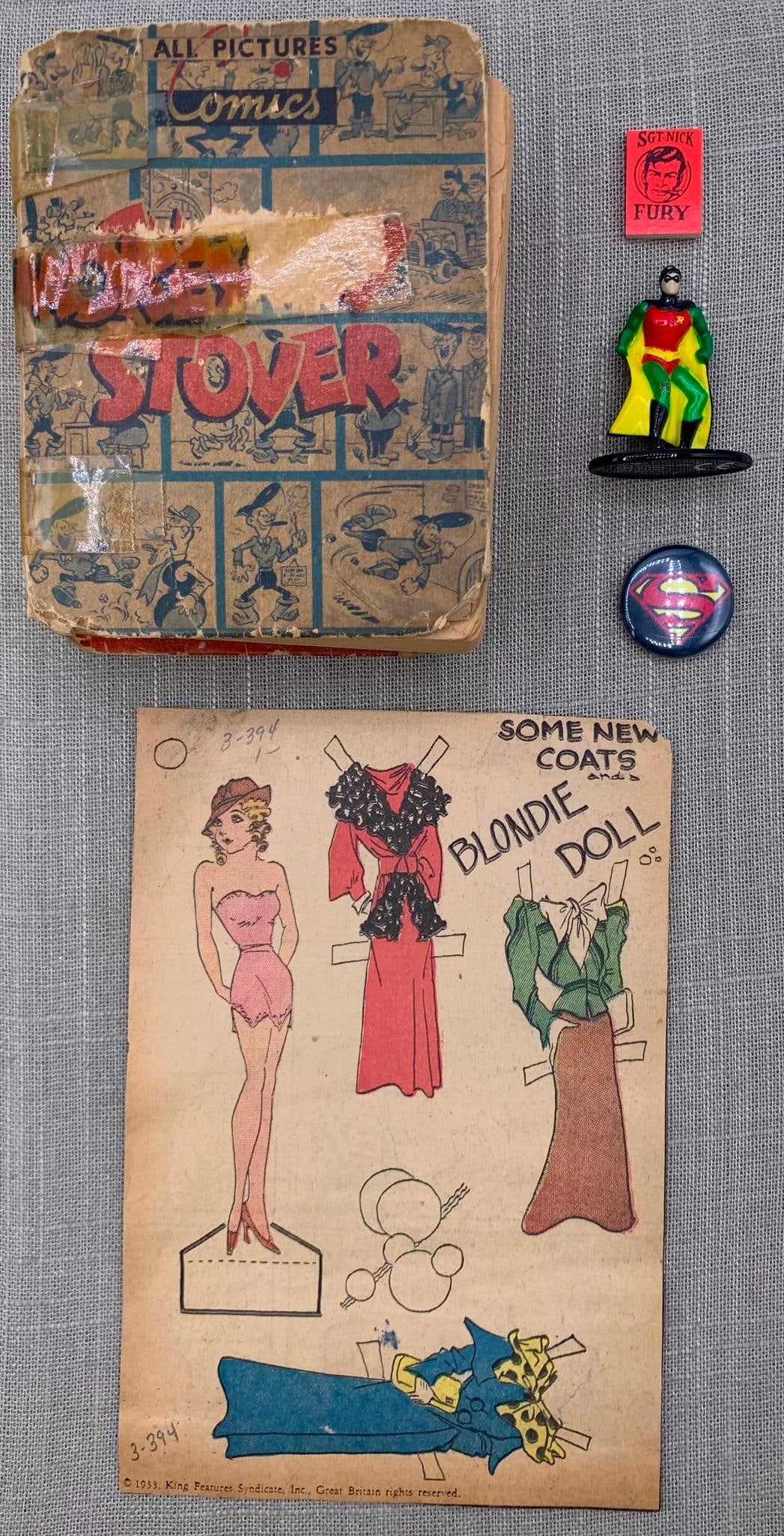 1966 Miniature Marvel Sgt Nick FURY Book, 1933 Blondie Paper Doll Vintage Comic Collectables: * 1933 Blondie paper doll and garments on the reverse of a comic page* 1966 Mini Marvel comic - SUPER clean* Vintage Little Book comic (age, old tape and deterioration to the cover)* Superman