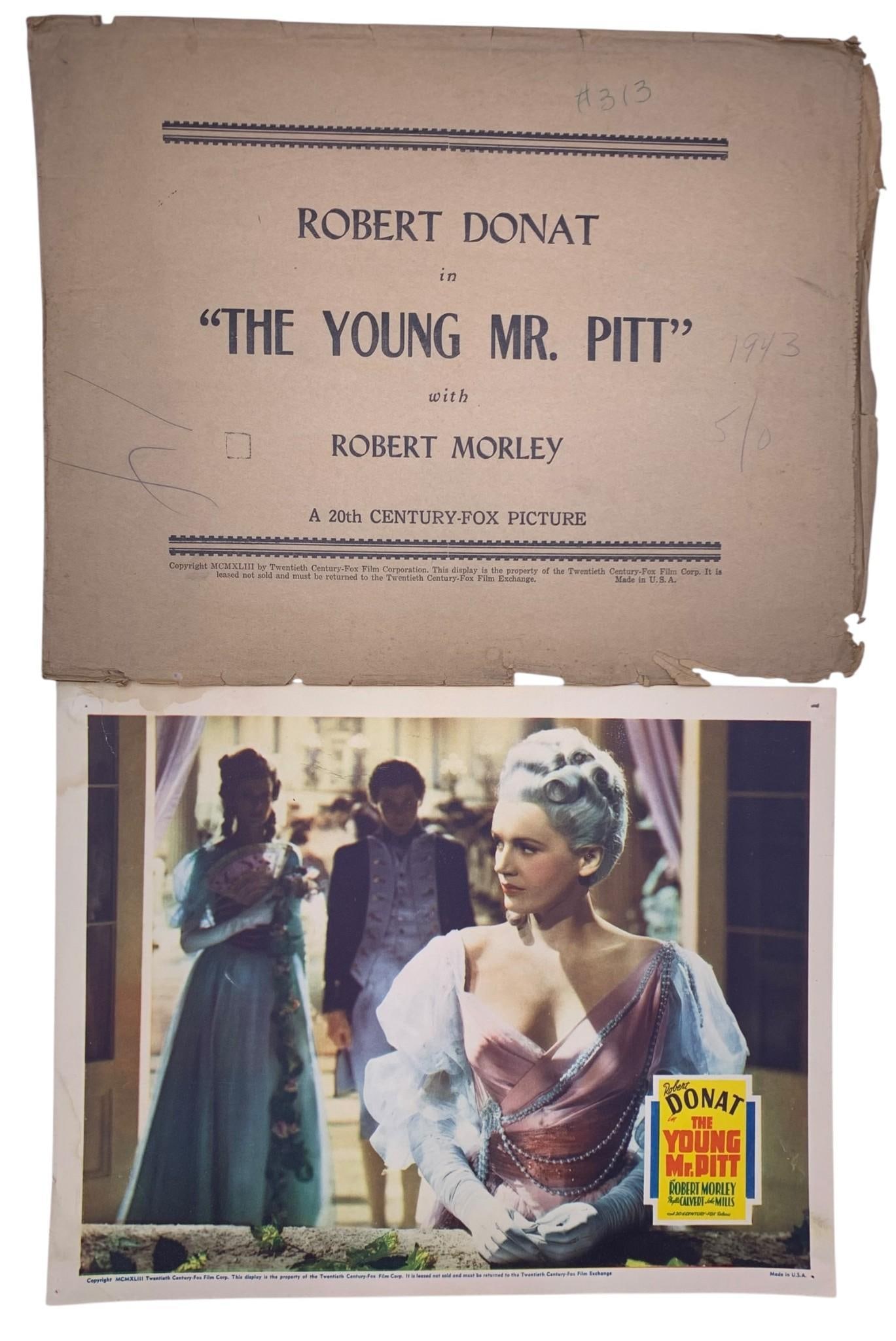 5 pc 1942 20th Century Fox THE YOUNG MR. PITT Theater Lobby Card Movie Advertising Posters: 5 pc set, dramatic movie still images in vivid hues, 14" x 11", age and wear to the paper with pin holes to the corners, portion of the original envelope included.