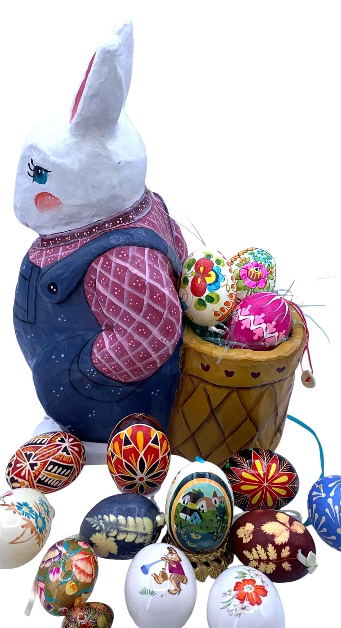 Papier Mache Easter Bunny, European Pysanky, Hand Painted Eggs Porcelain Egg Easter Decorations: 11 natural eggs, decorated, hand painted and stenciled, some strung with ribbon, 2 decoupage wooden eggs, 2 porcelain, Made in the Philippines vintage 12" tall papier mache bunny with basket, one egg
