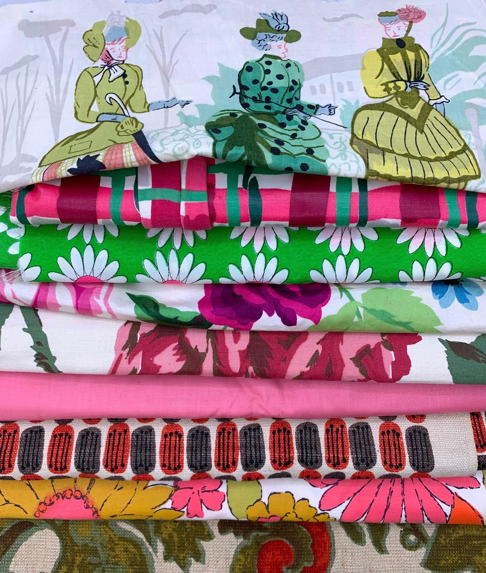 1950s Garment, Drapery Housewares Decorator Shop Vintage Fabric Samples, Sewing Remnants, Lot: Mid Century fabric lot from a 1950s designer39;s remnant collection:* Bustled beauties fabric remnant, 7; x 35;* Pink, red and green woven windowpane cotton sateen, 17; x 36* Matching windowpane