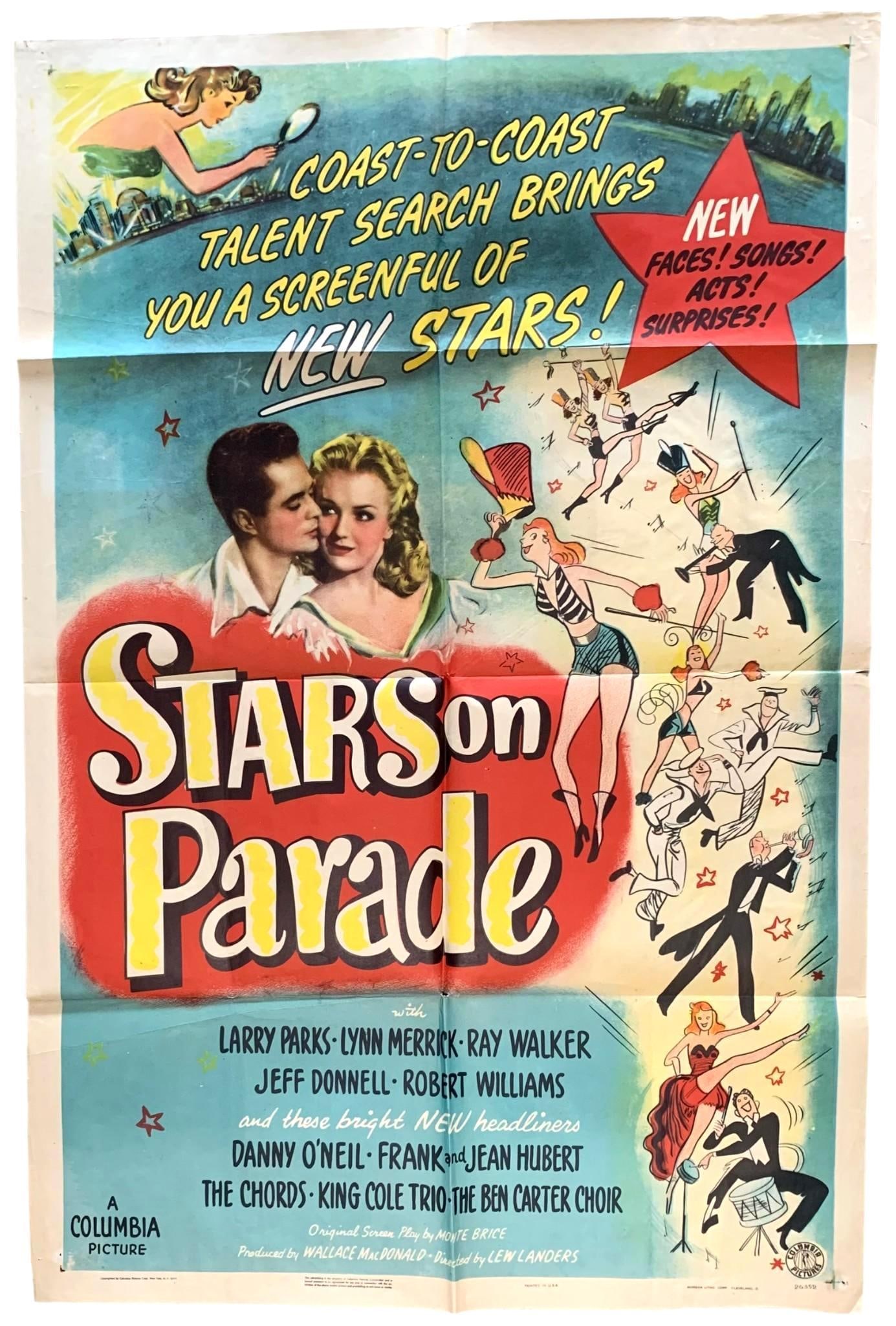 Original 1944 Columbia Pictures STARS ON PARADE Vintage Theater Movie Poster: 41" x 27", vivid hues, stored folded with some light age to the paper and penciled hand writing on the rear.