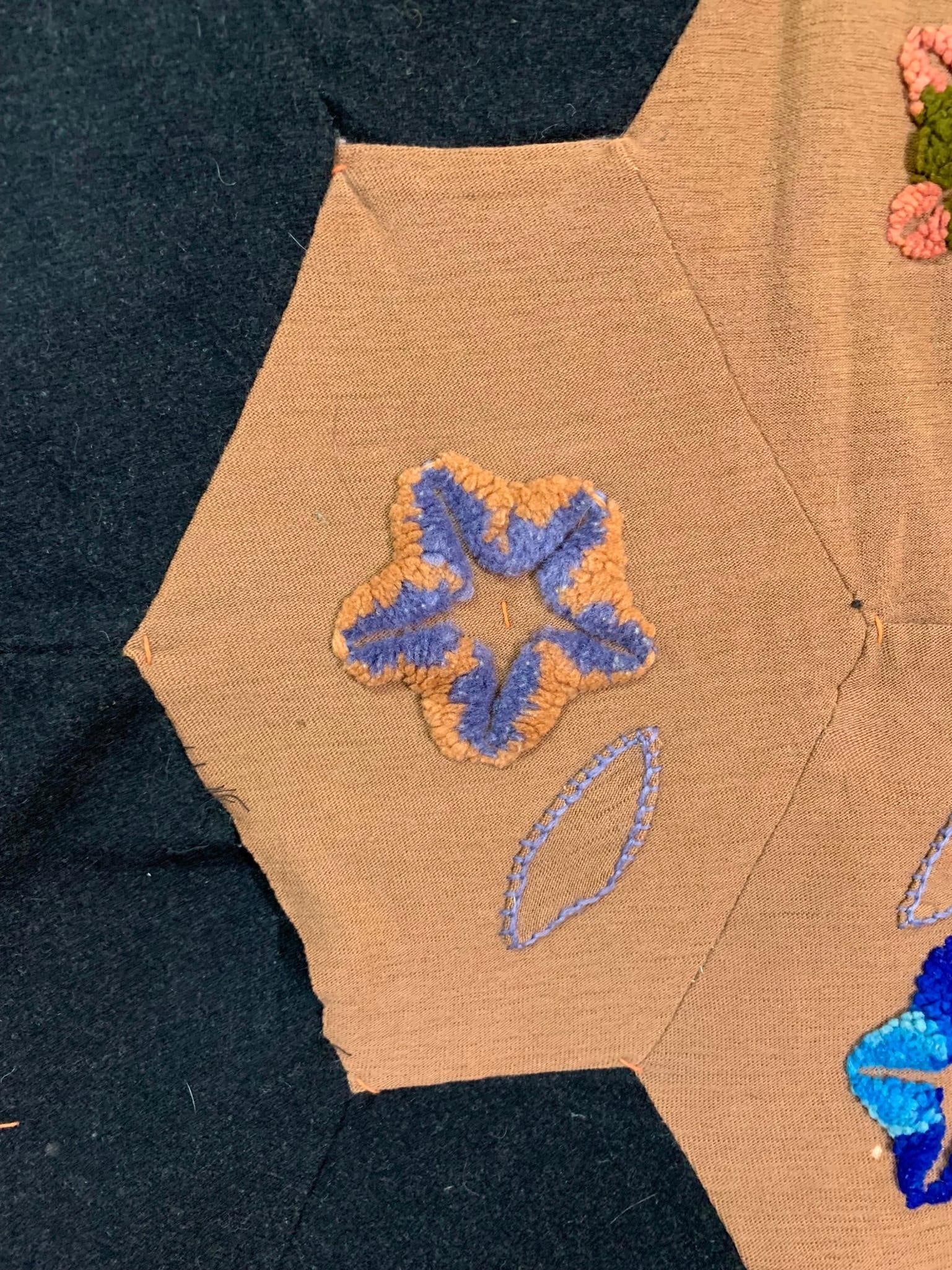 Antique Victorian era Embroidered Wool Hexagonal Patchwork Crazy Quilt - 11