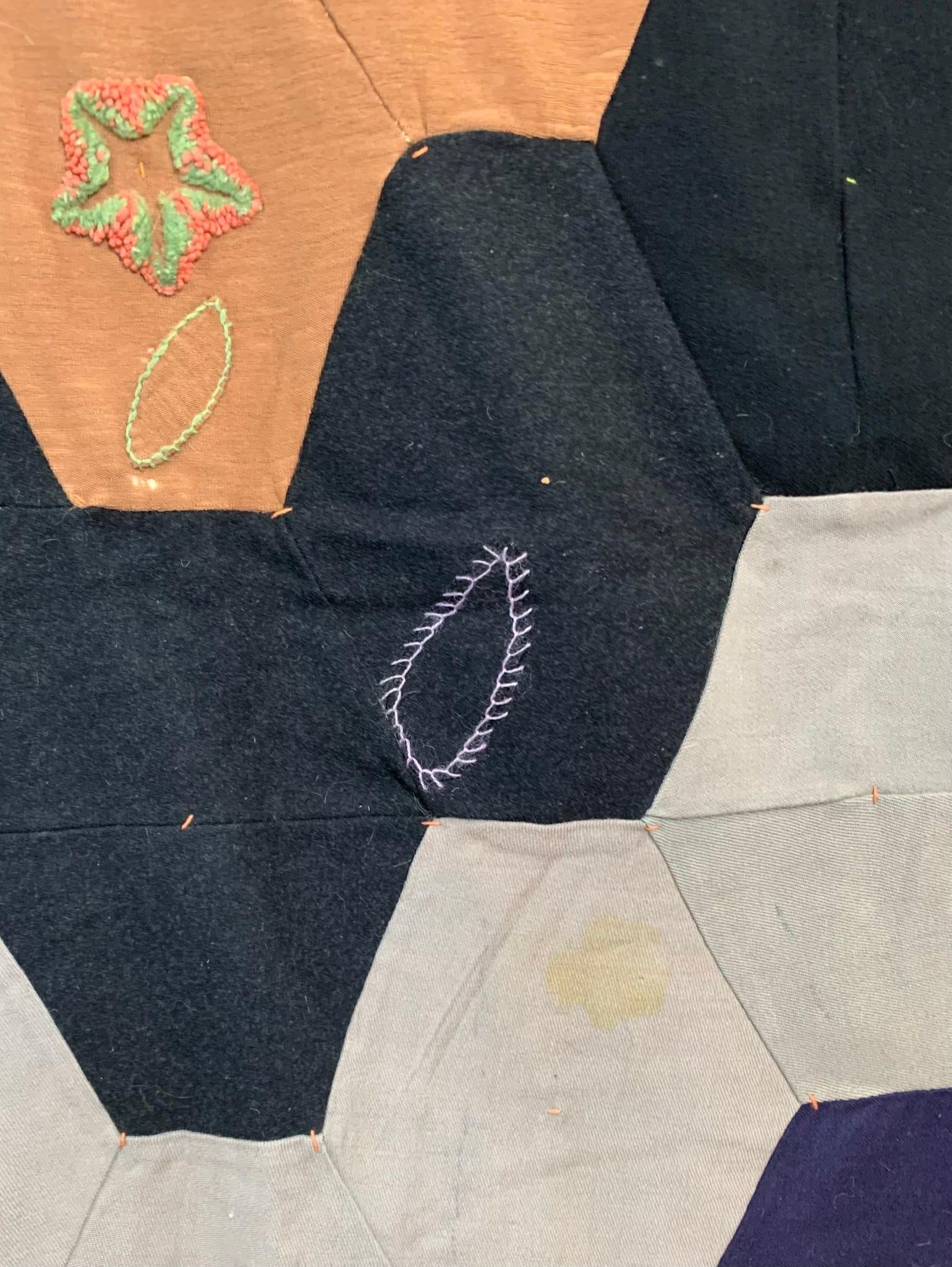 Antique Victorian era Embroidered Wool Hexagonal Patchwork Crazy Quilt - 12