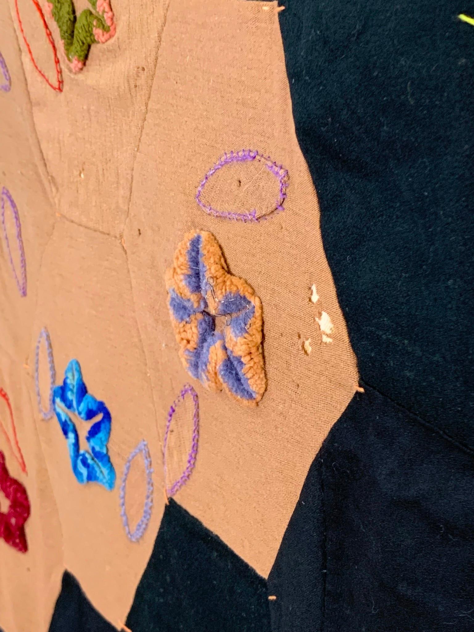 Antique Victorian era Embroidered Wool Hexagonal Patchwork Crazy Quilt - 13