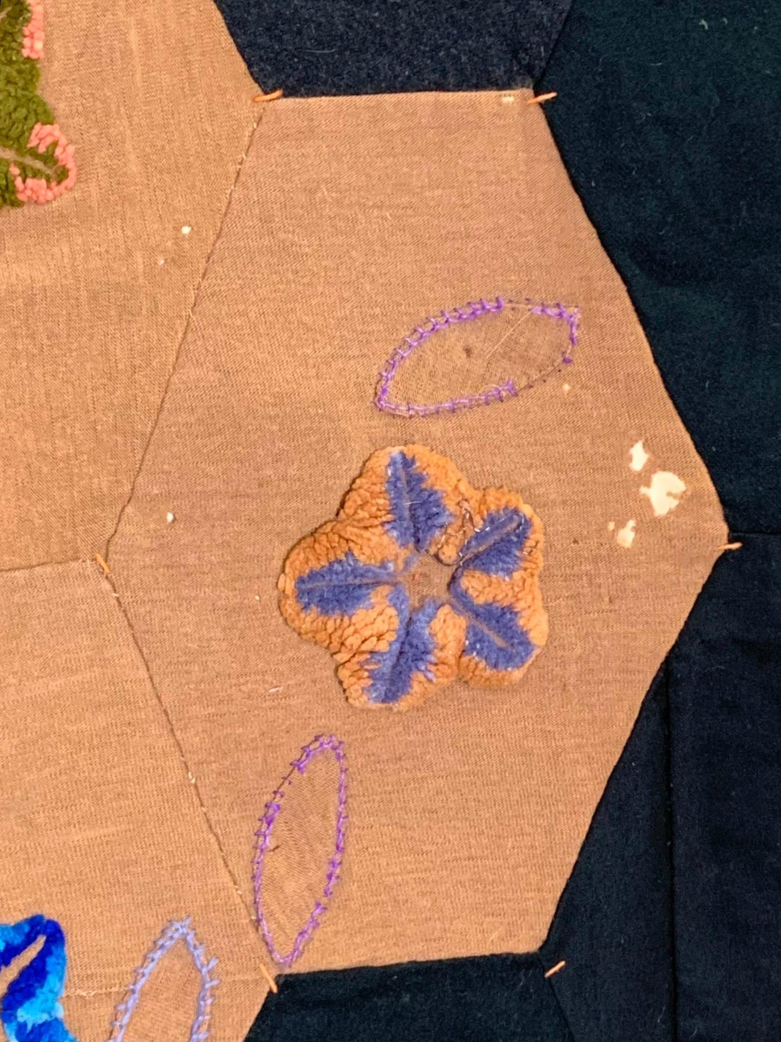 Antique Victorian era Embroidered Wool Hexagonal Patchwork Crazy Quilt - 15