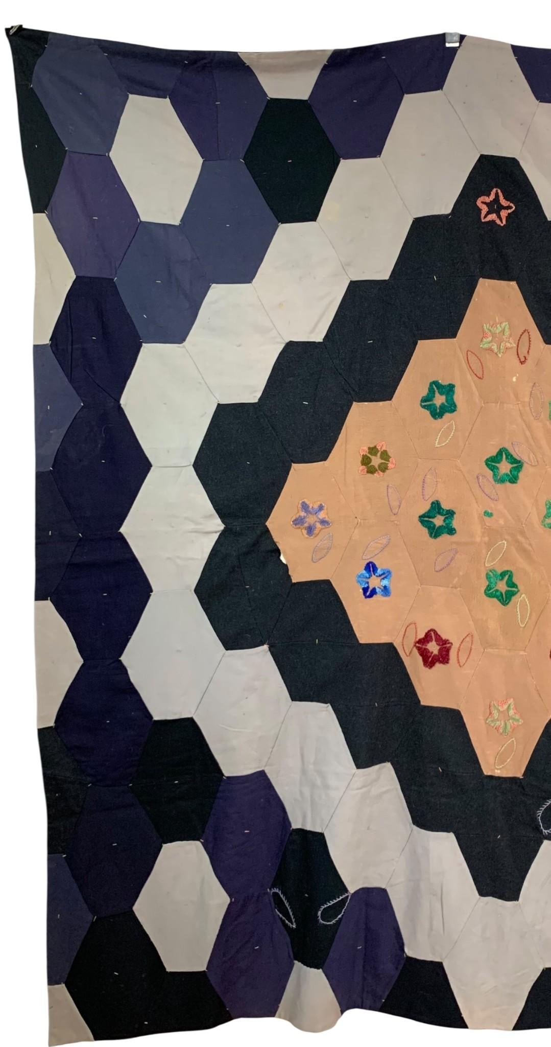 Antique Victorian era Embroidered Wool Hexagonal Patchwork Crazy Quilt - 17