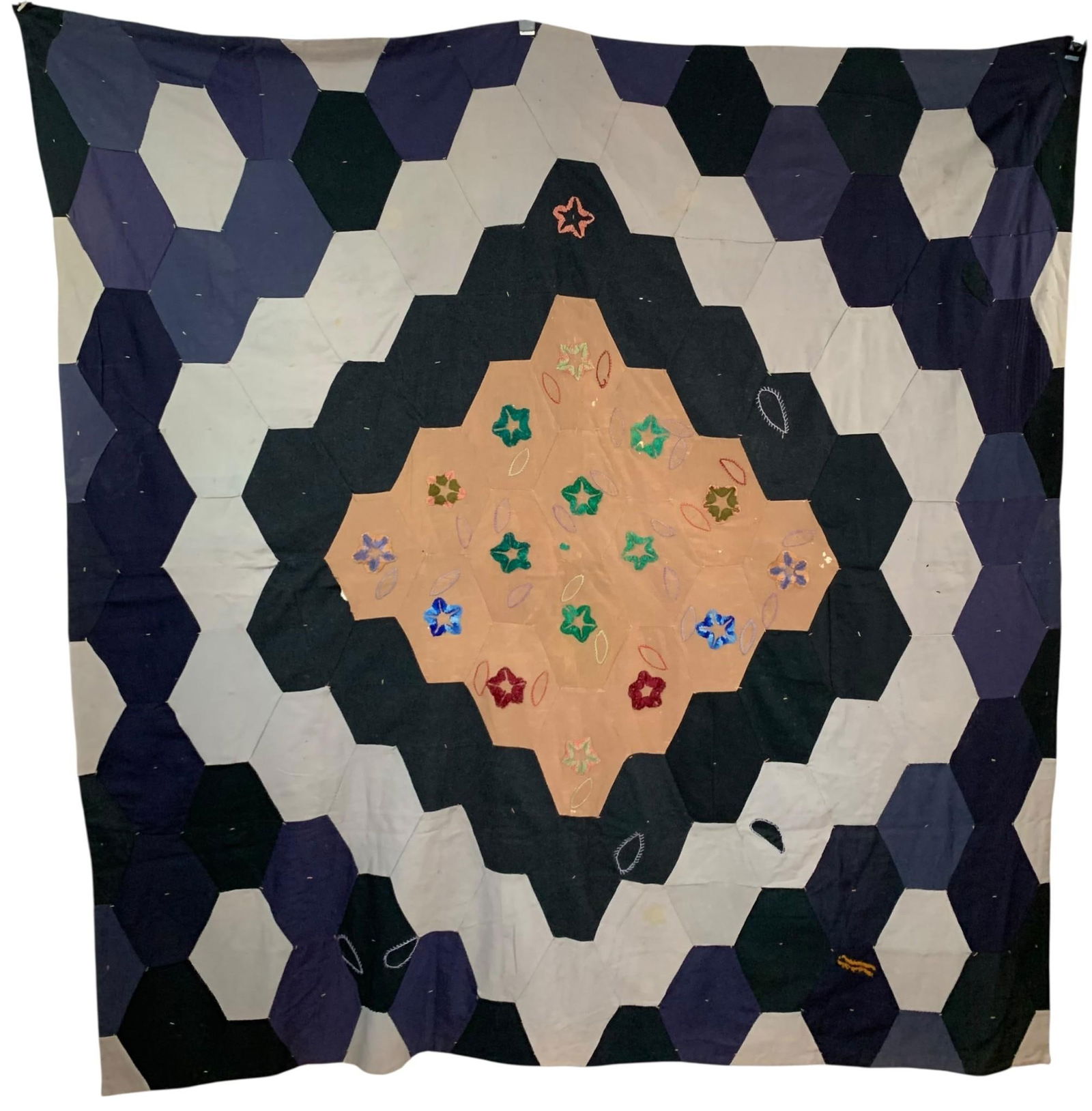 Antique Victorian era Embroidered Wool Hexagonal Patchwork Crazy Quilt (1 of 17)