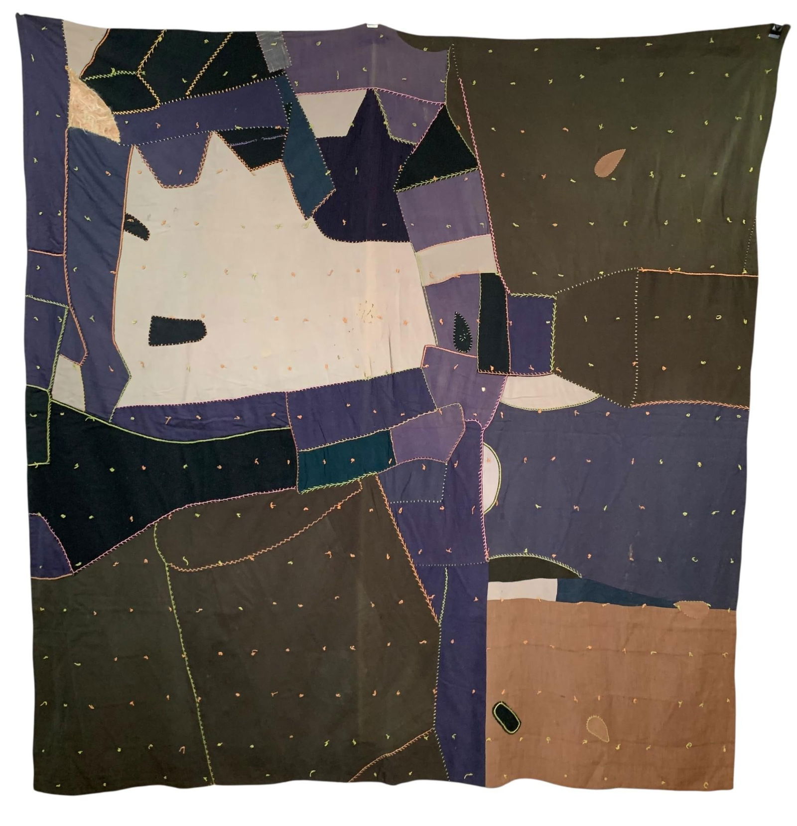 Antique Victorian era Embroidered Wool Hexagonal Patchwork Crazy Quilt - 2