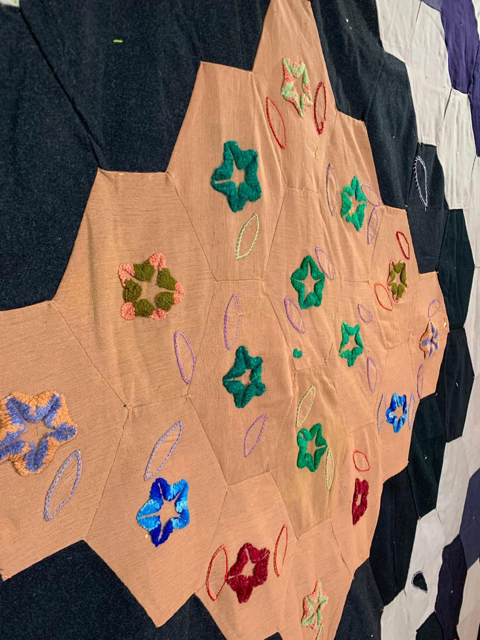 Antique Victorian era Embroidered Wool Hexagonal Patchwork Crazy Quilt - 3