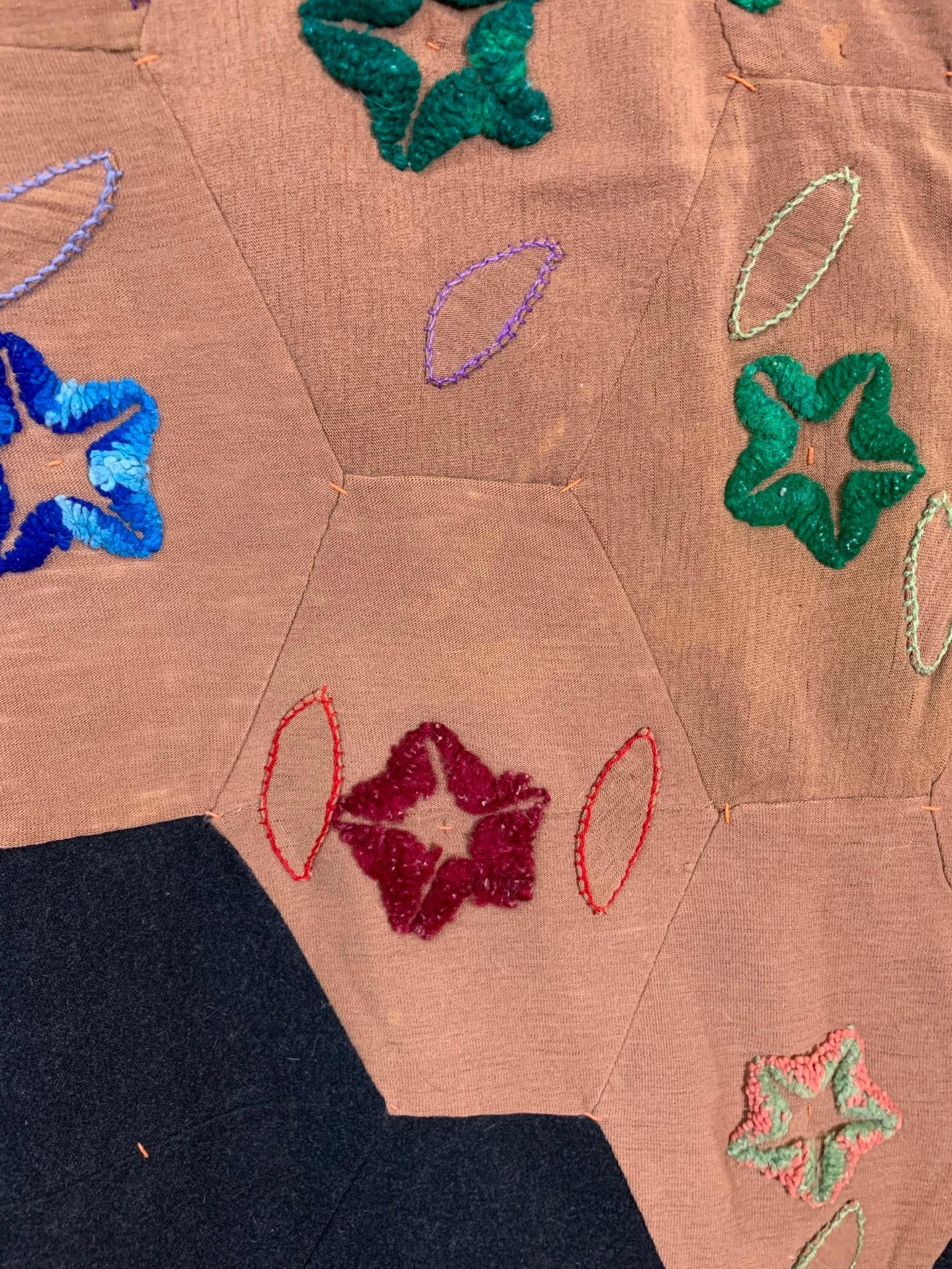 Antique Victorian era Embroidered Wool Hexagonal Patchwork Crazy Quilt - 9