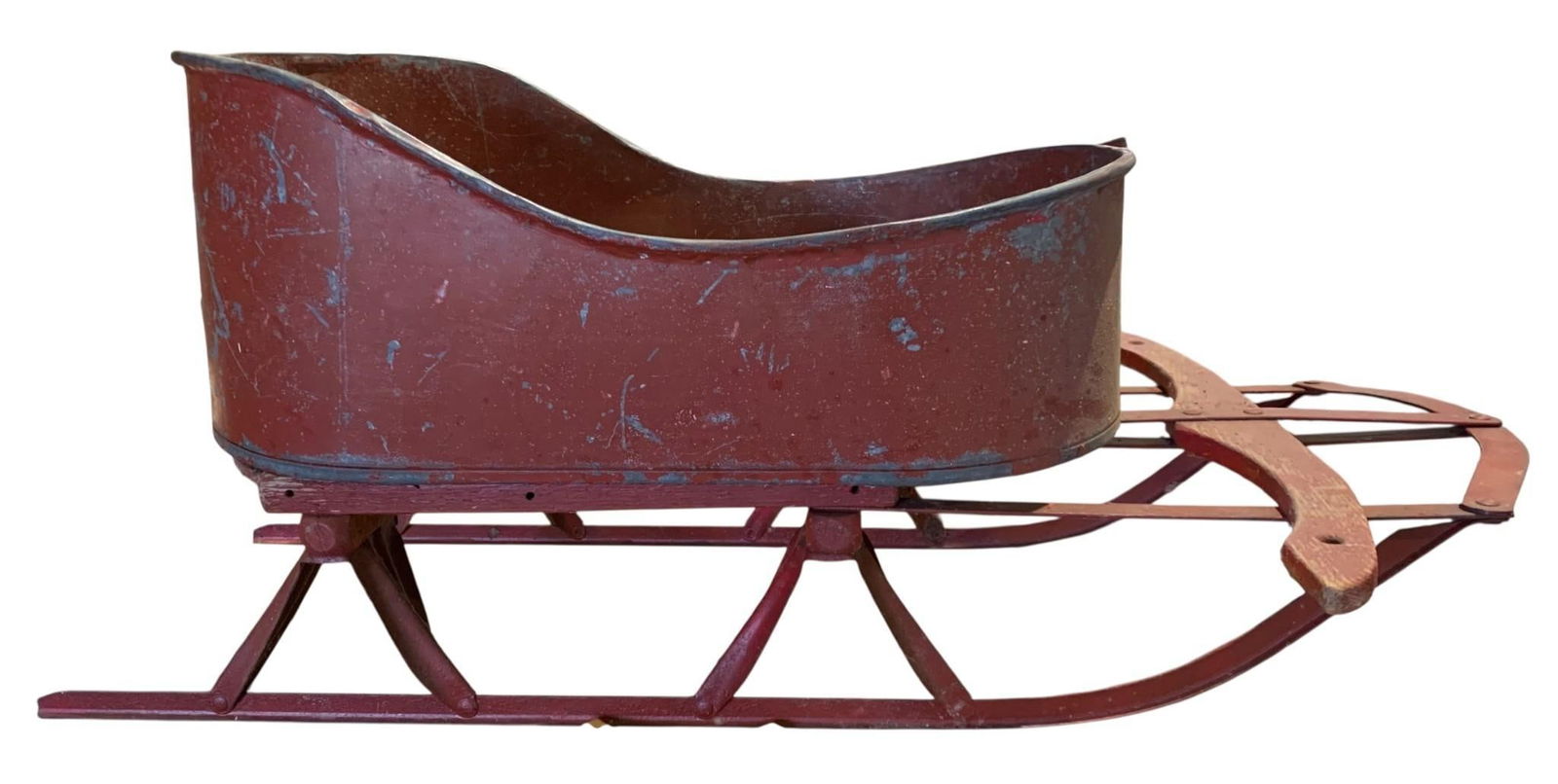 Unique Folk Art Antique Metal Bathtub on a Child Size Vintage Wooden Winter Sled (1 of 7)
