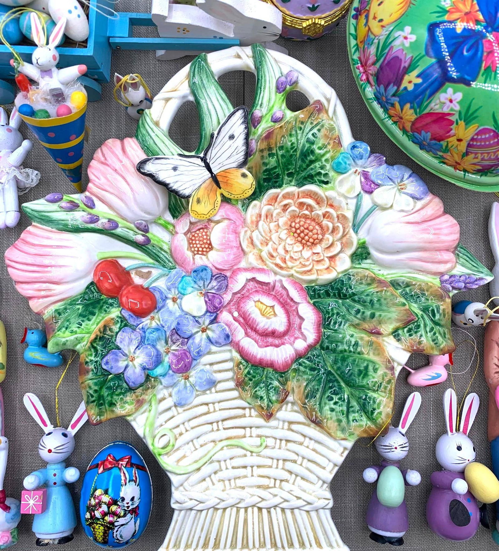 45 pc Vintage Easter Holiday Fitz Floyd, Painted Wood, Lefton Bisque, Spring Decorations: Lage vintage colorful plastic egg Easter basket candy container full of petite feather and chenille chicks, painted wood eggs and bunny ornaments, Lefton bisque rabbit figurine, pair of tall 8" Easter