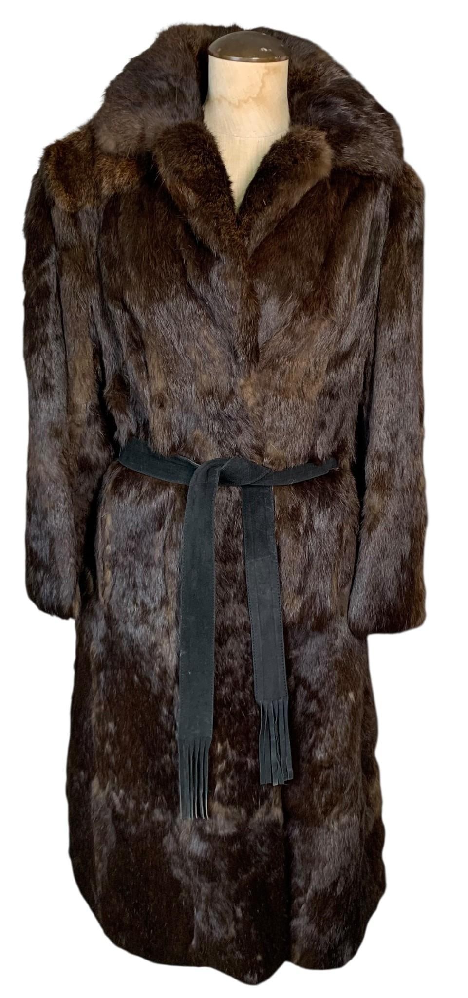Vintage Mid Century DINO RICCO Mahogany Rabbit Fur Full Length Coat with Belt (1 of 12)