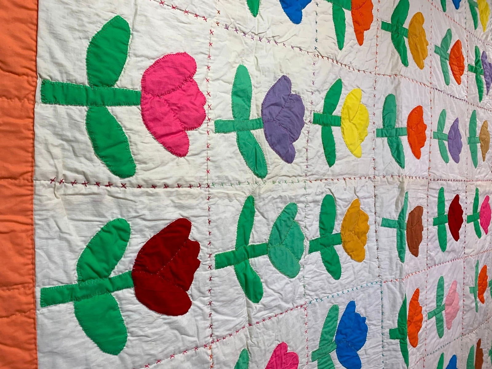 Handmade Vintage Folk Art Embroidered Flower Applique Quilt (1 of 14)