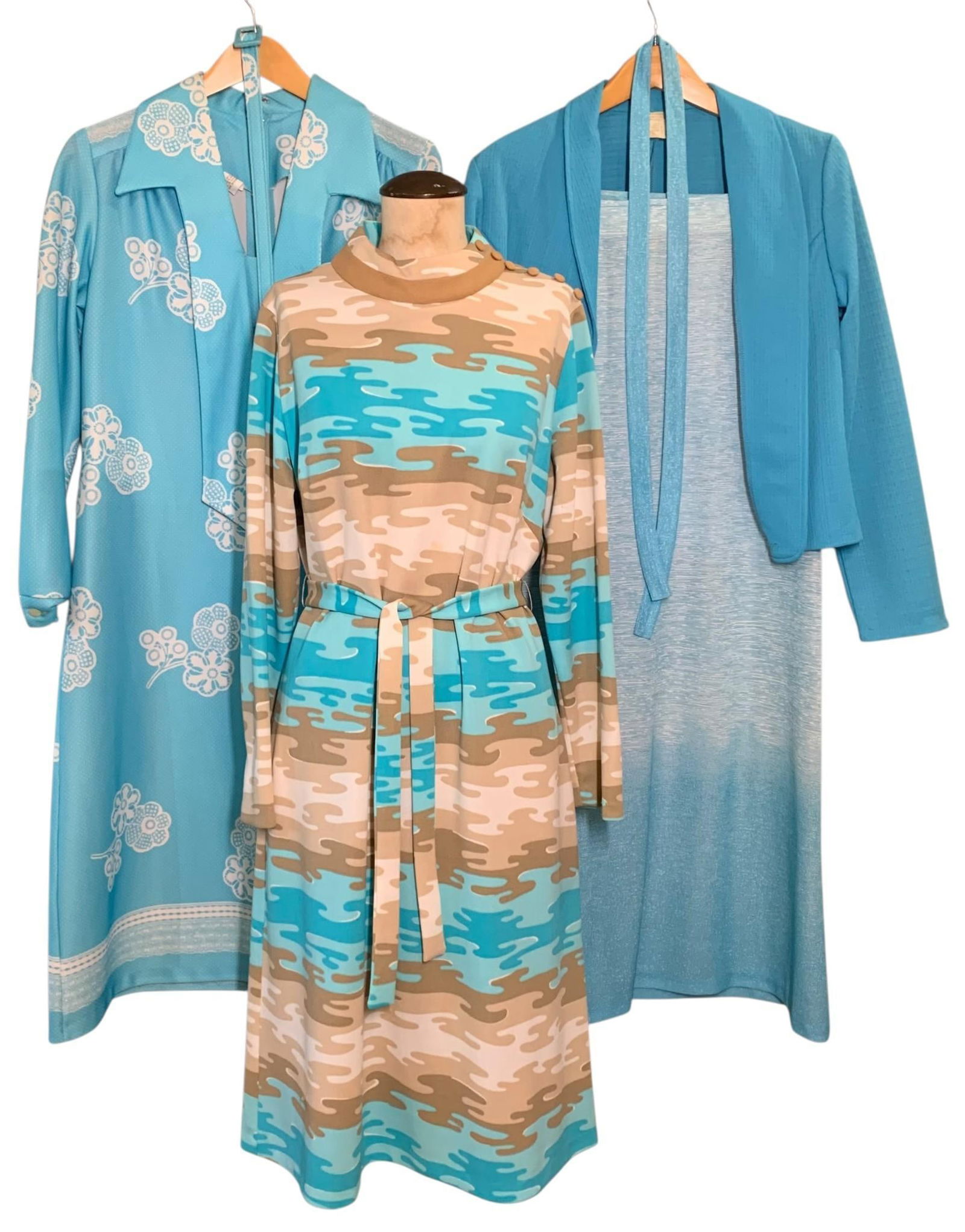 3 Vintage 1970s Aquamarine Polyester Spring Dresses (1 of 14)