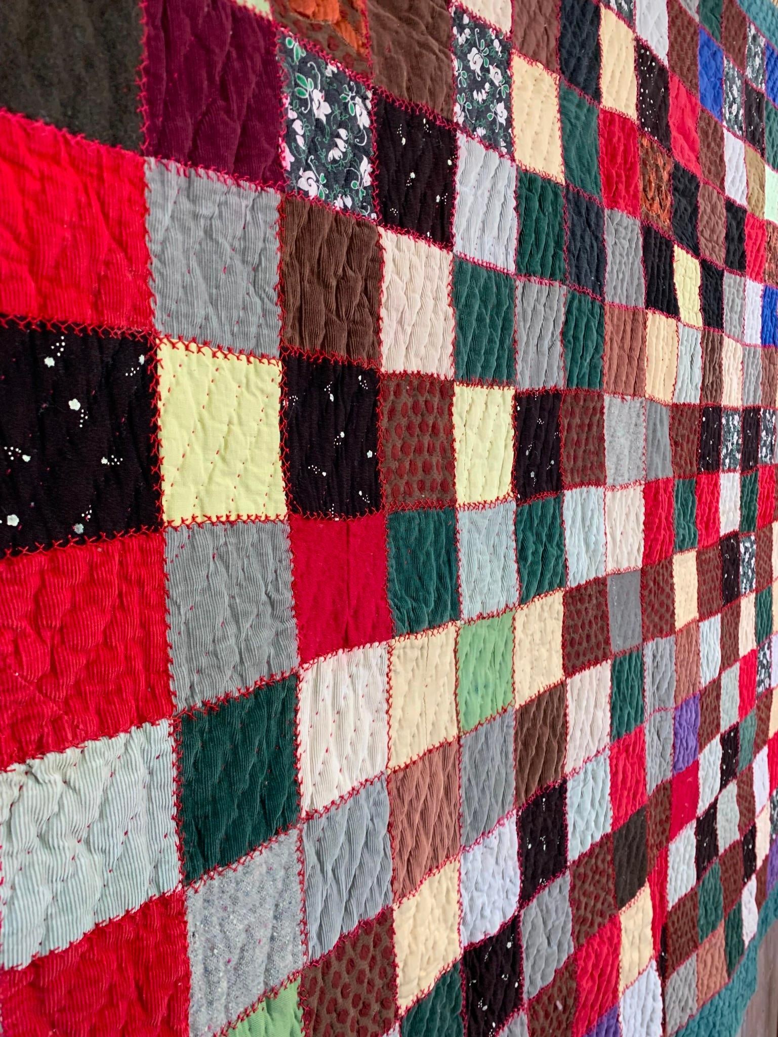 Vintage Folk Art Wool Corduroy Feather Stitch Embroidered Winter Weight Patchwork Quilt (1 of 12)