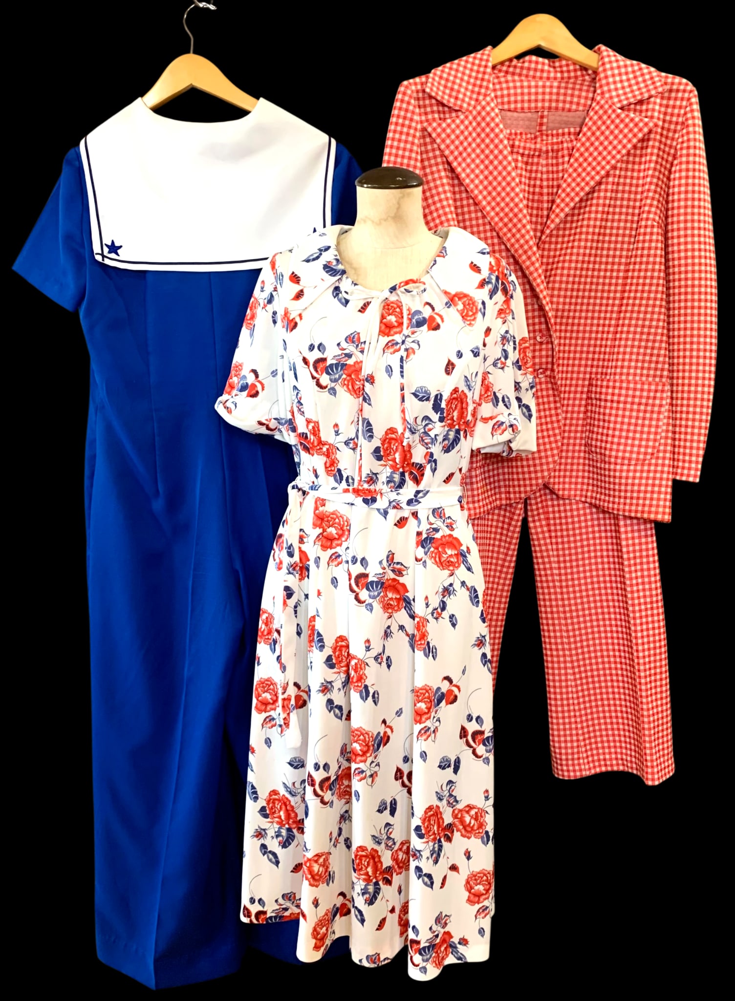 Trio 1970s Vintage Sailor Jumpsuit, Rose Print Dress Red Plaid Wide Leg Pantsuit Ensembles (1 of 16)