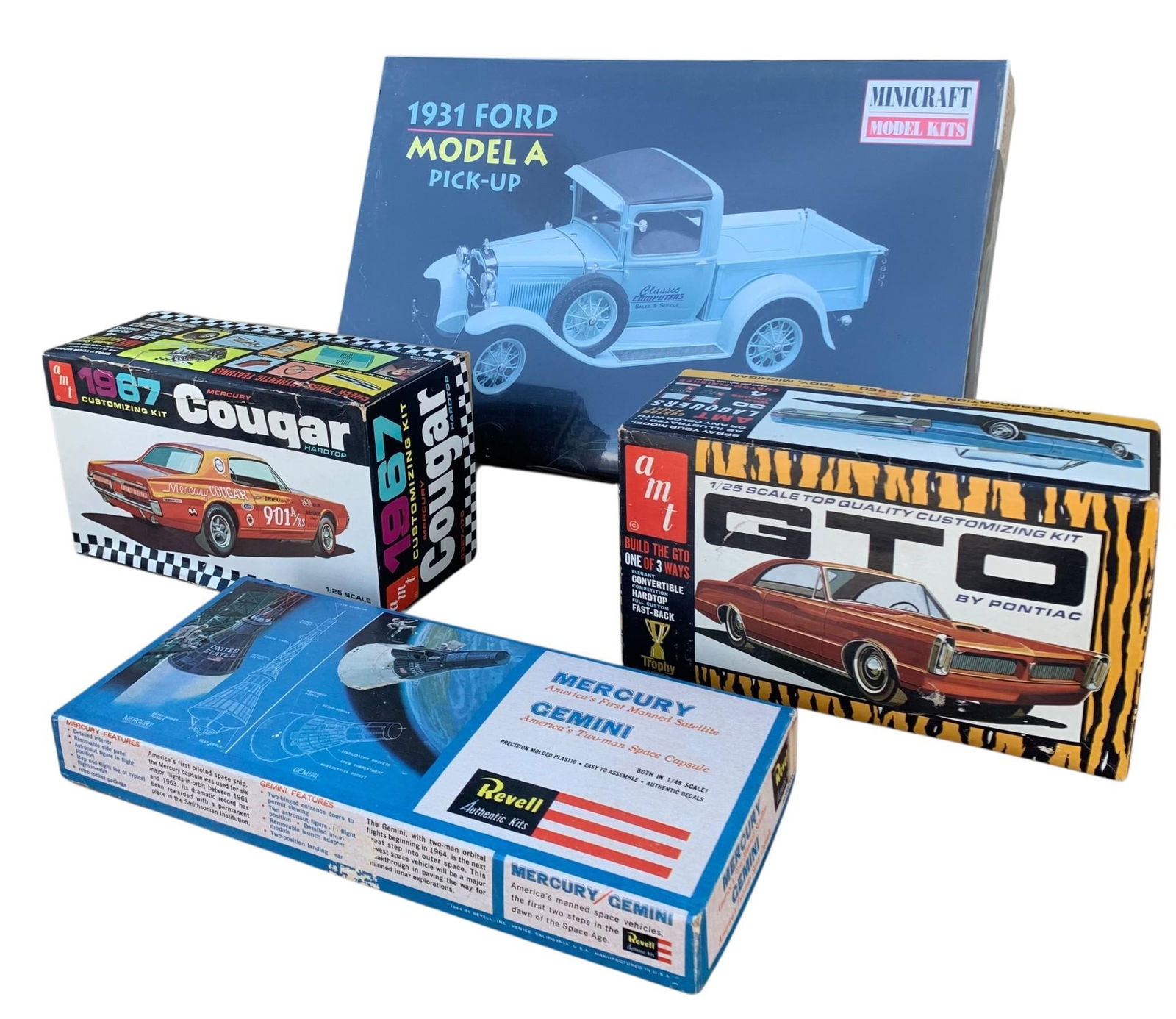 4 pc Vintage GTO, COUGAR, 1931 Ford Automobile, Mercury Gemini Space, Models with Boxes: Unopened 1931 Ford model and three vintage models in varied levels of assembly.