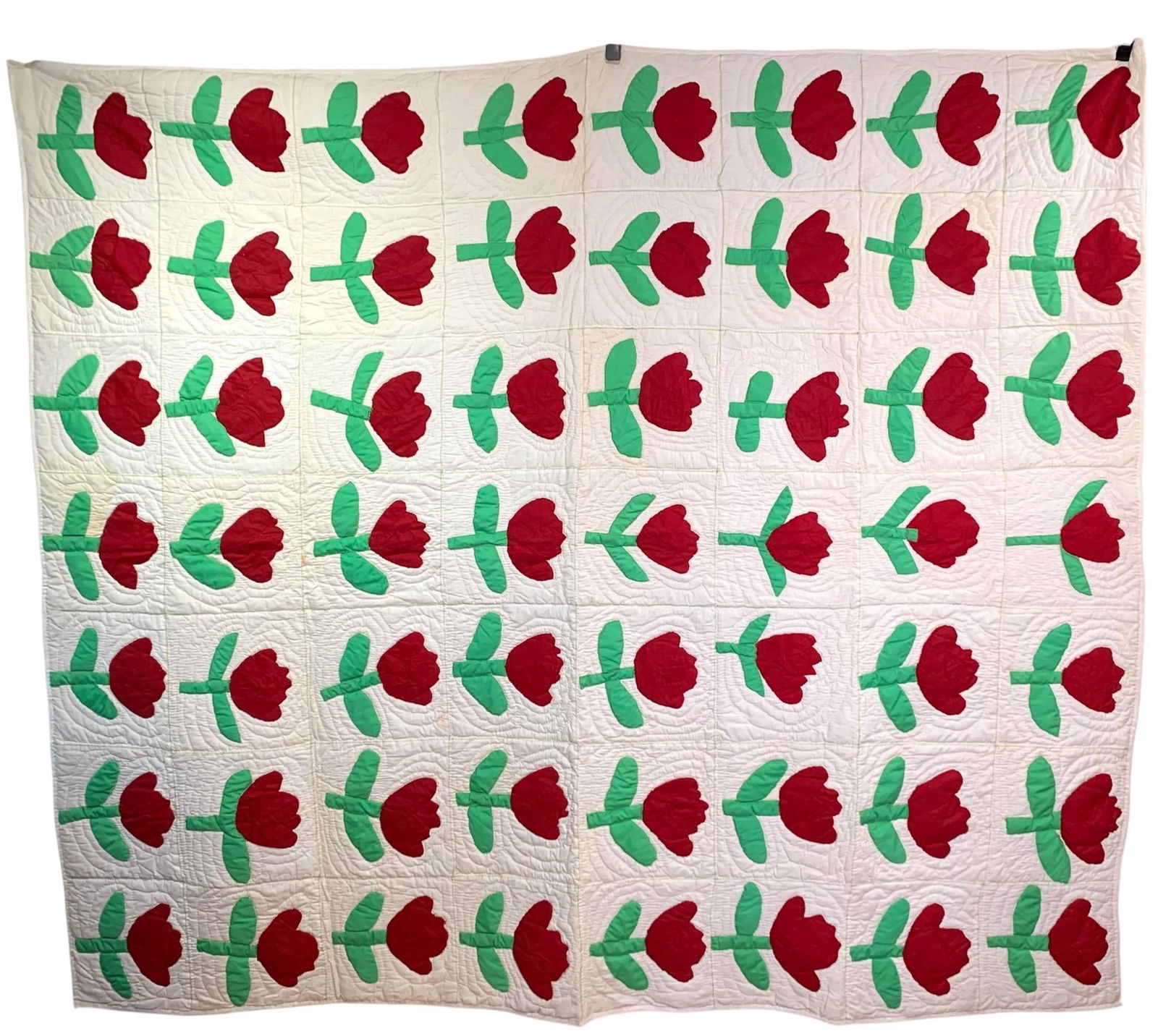 Handmade Vintage Folk Art Embroidered Ruby Red Flower Applique Quilt (1 of 11)