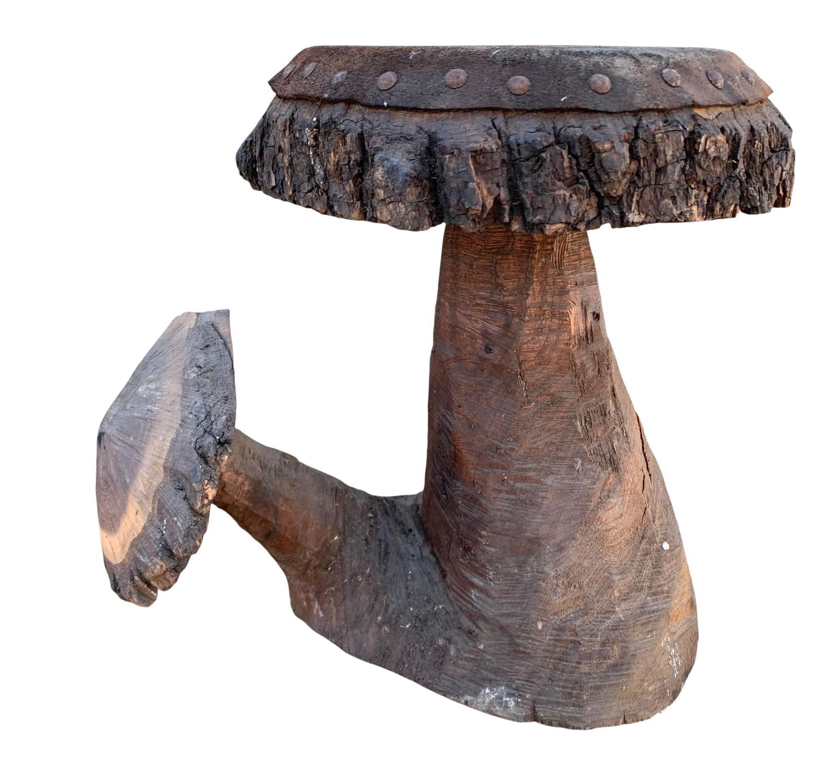 Mid Century Carved Wood Folk Art Tree Trunk Leather Top Bark Mushroom Stool (1 of 9)