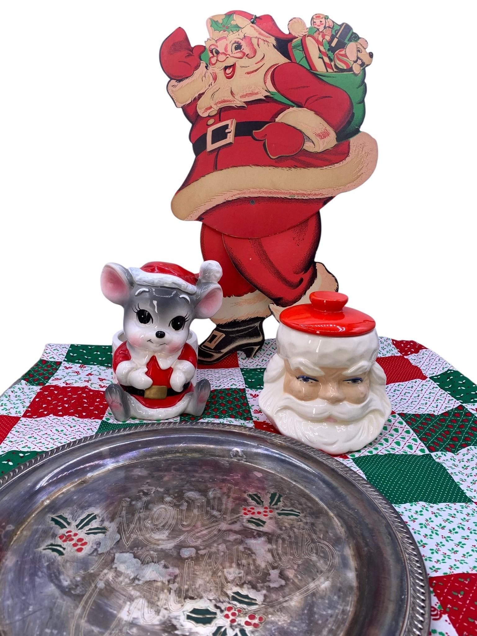 32 pc Vintage Mid Century Christmas Ornaments, Paper Santa, 1960s Santa Cookie Jar Mouse Planter: 27 vintage ornaments, including pierced and pinned, beaded, satin wrapped, metal jingle wreaths, hot air balloon and suspended Christmas tree vignette, Mid Century paper Santa decoration, silver plate